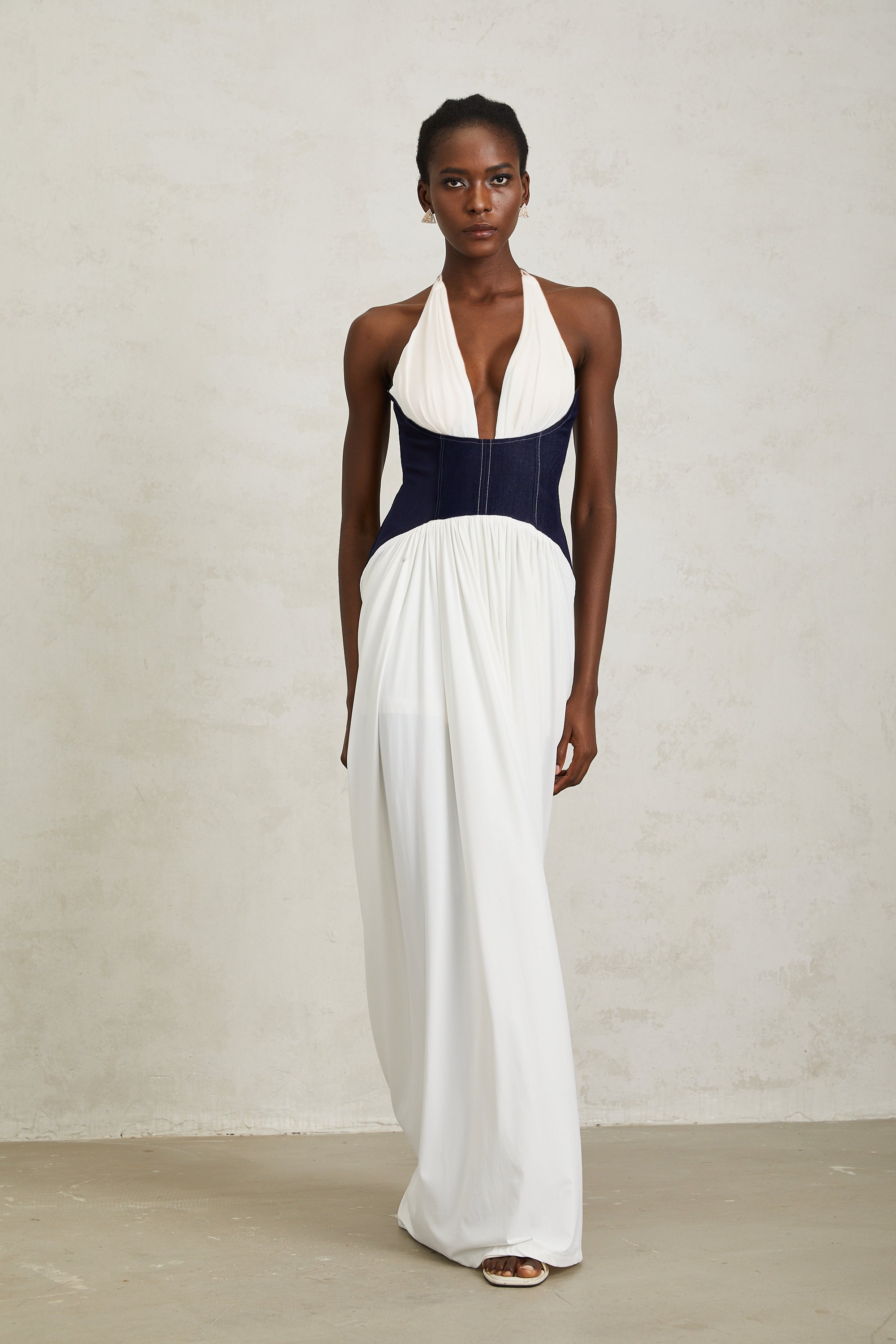 Airi White Halterneck Denim Panel Maxi Dress