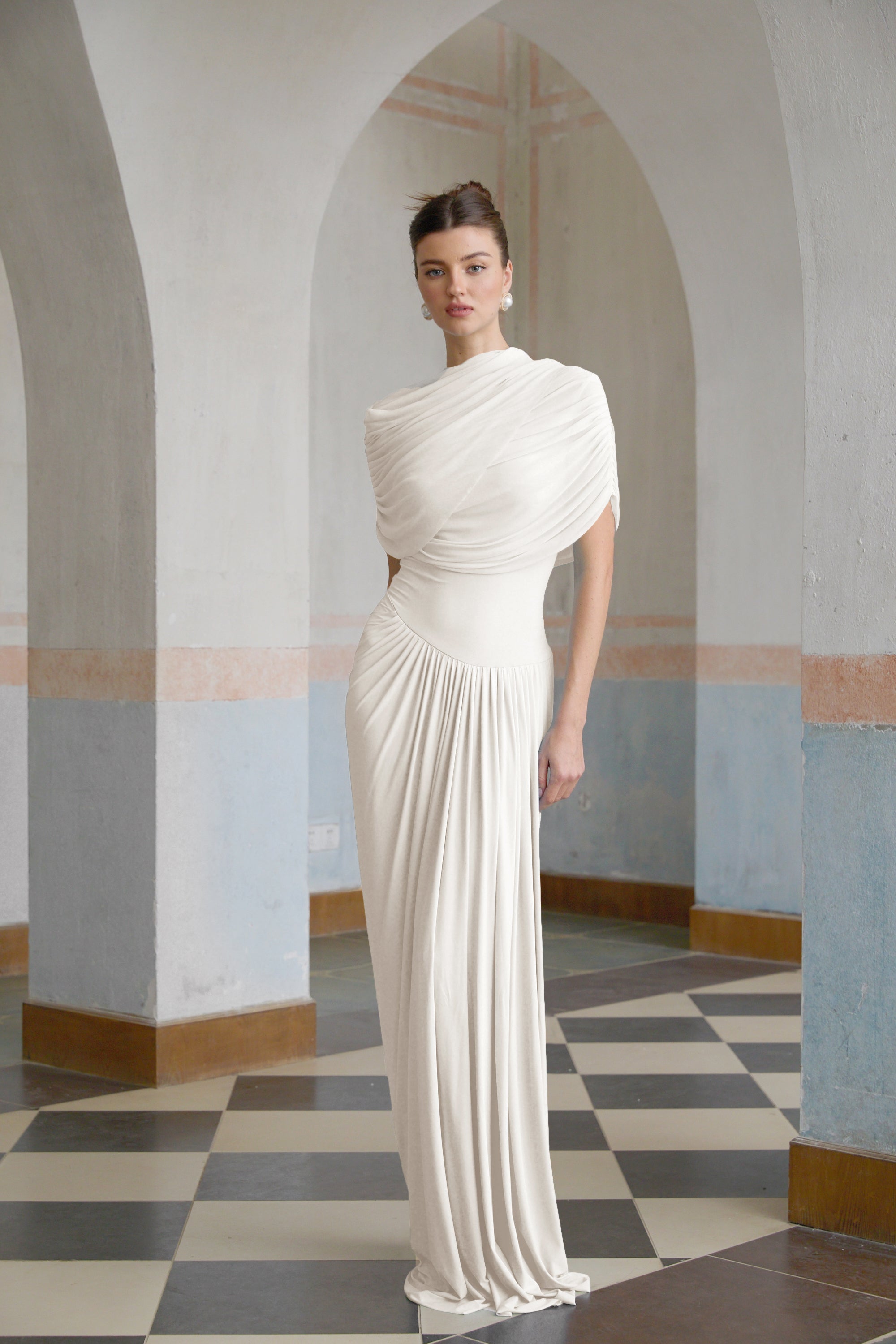 Catherine asymmetric pleated maxi dress in White