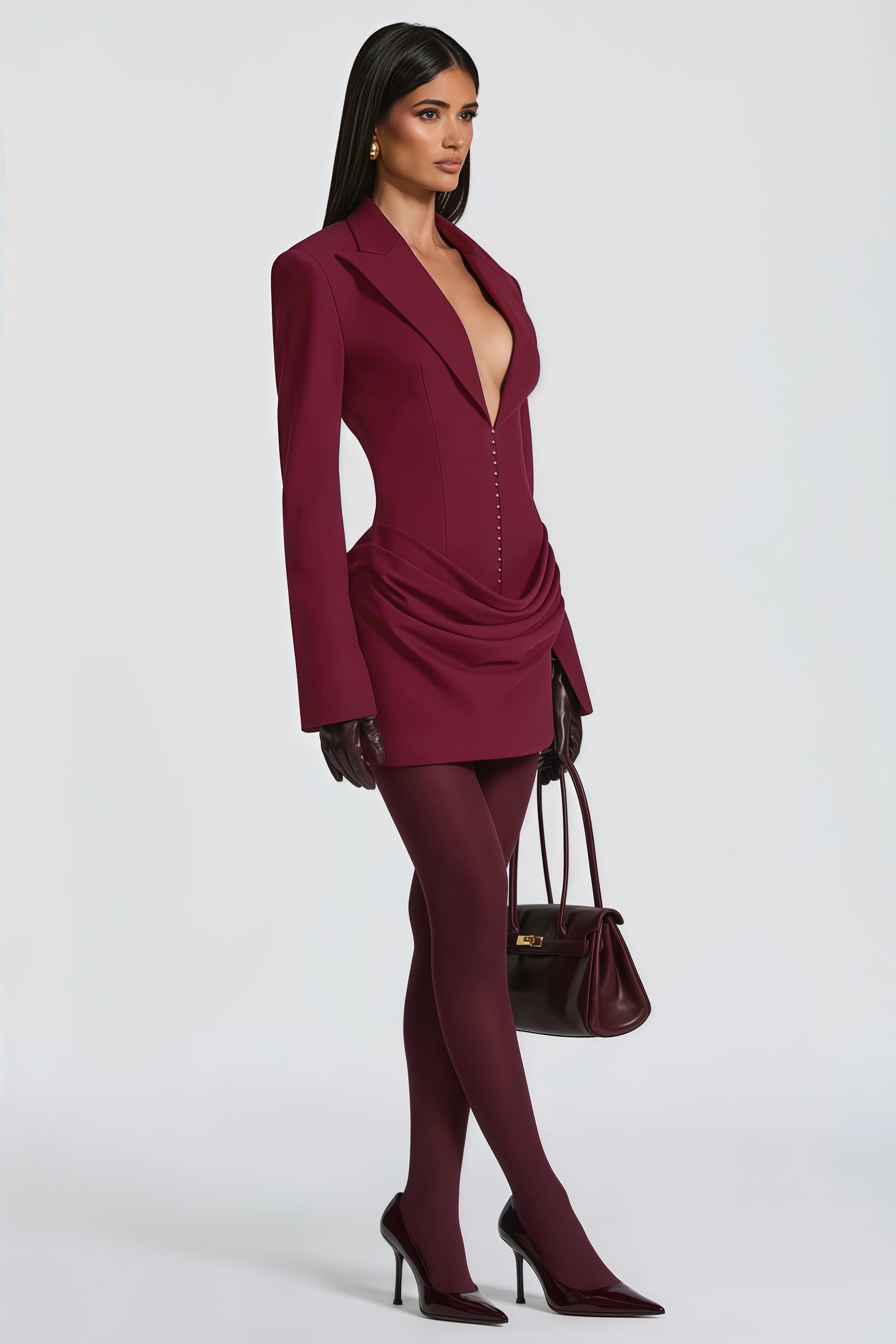 Rosette Burgundy Ruched Blazer Mini Dress (Final Sale-US Only)