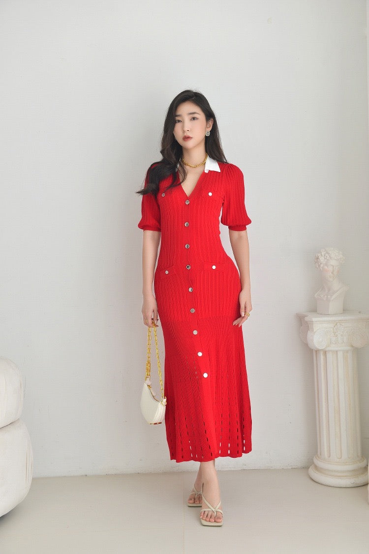 Sandro Collared Knit Button Down midi dress - Red