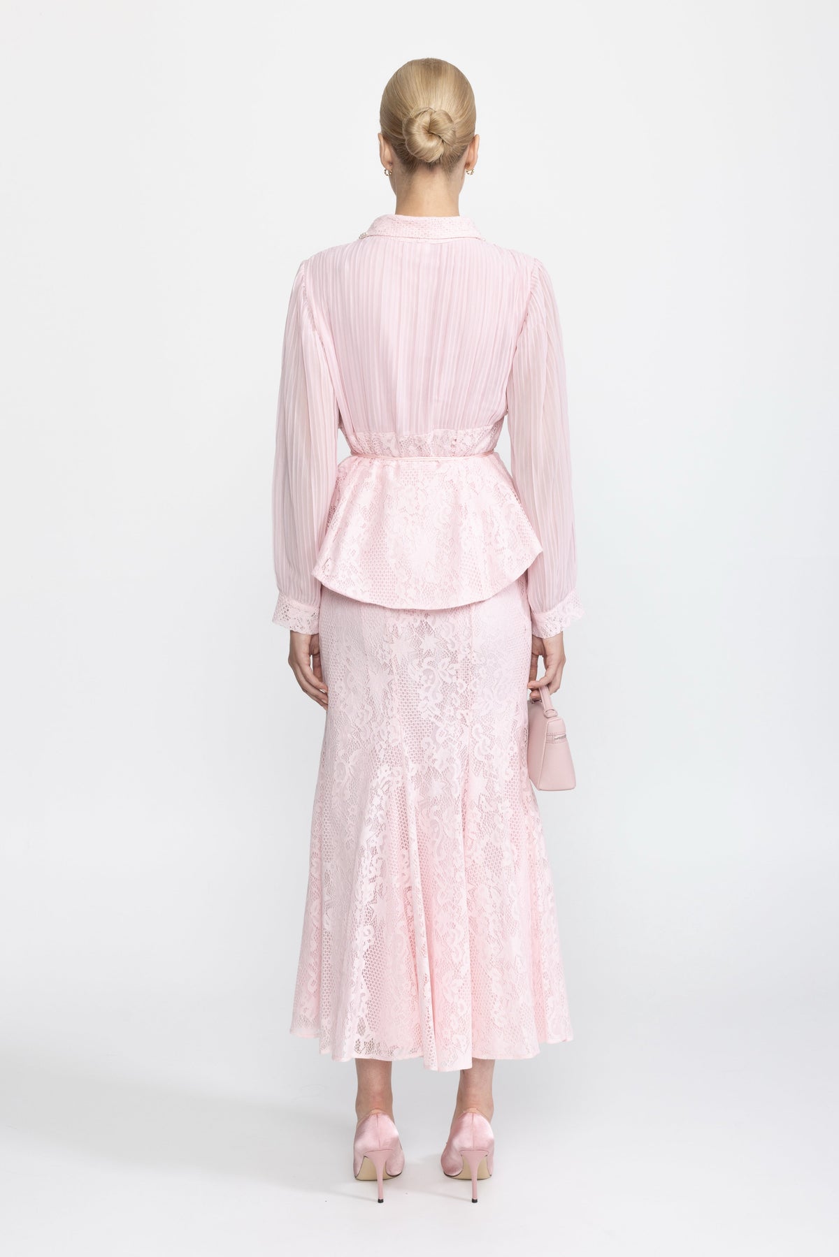 Pleated Chiffon Lace Peplum Blouse and Maxi Skirt Set - Pink