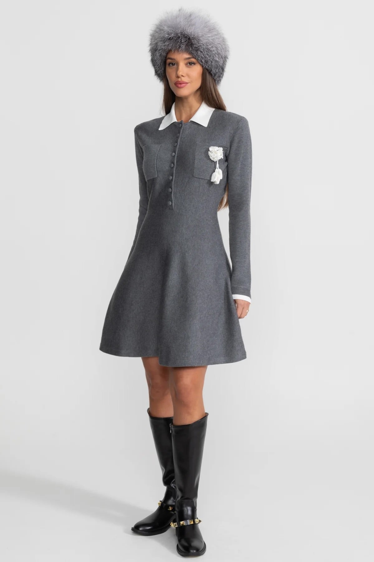Mini Dress with Contrast Collar and Floral Brooch - Gray