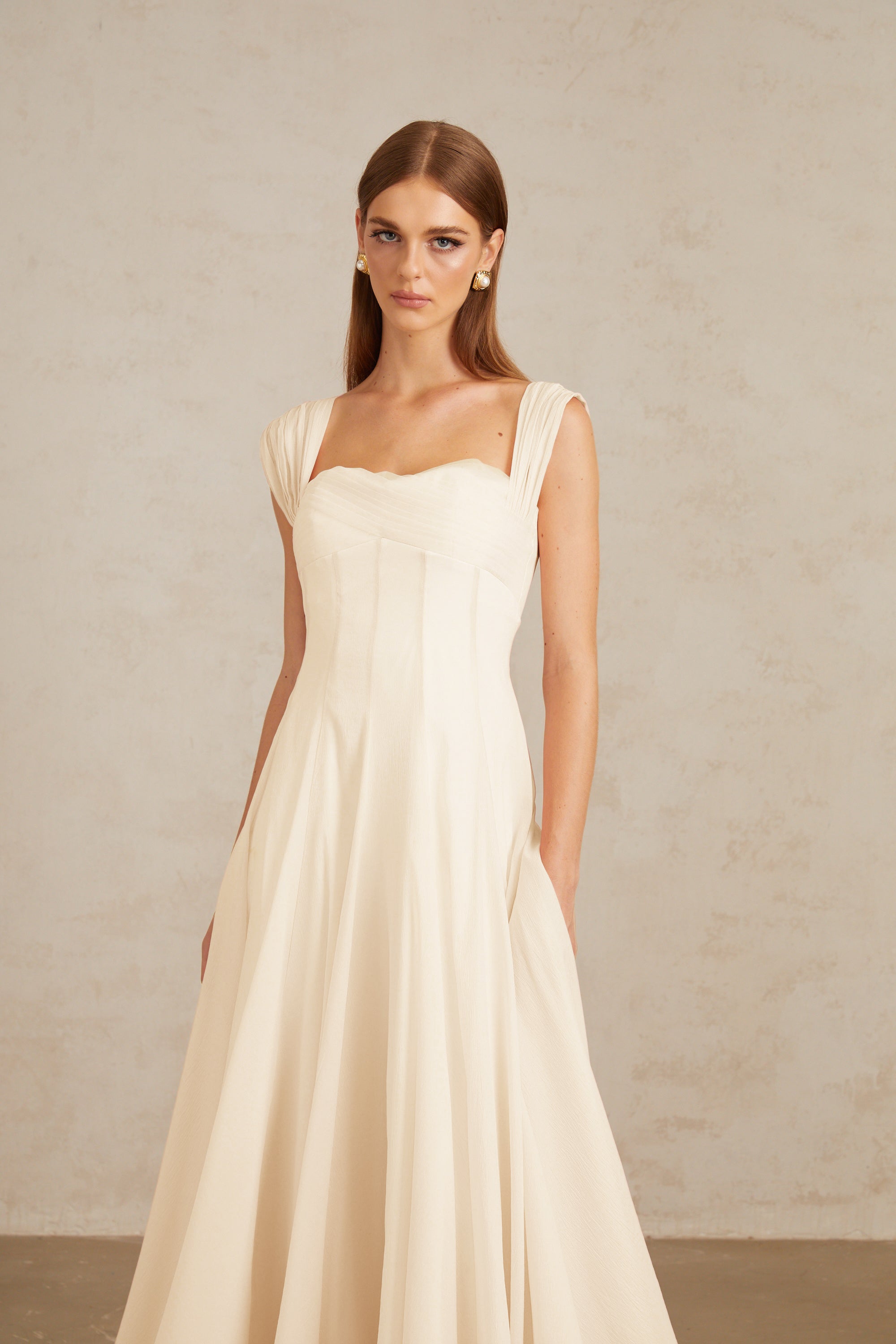 Érasme Cream White Flounced Midi dress