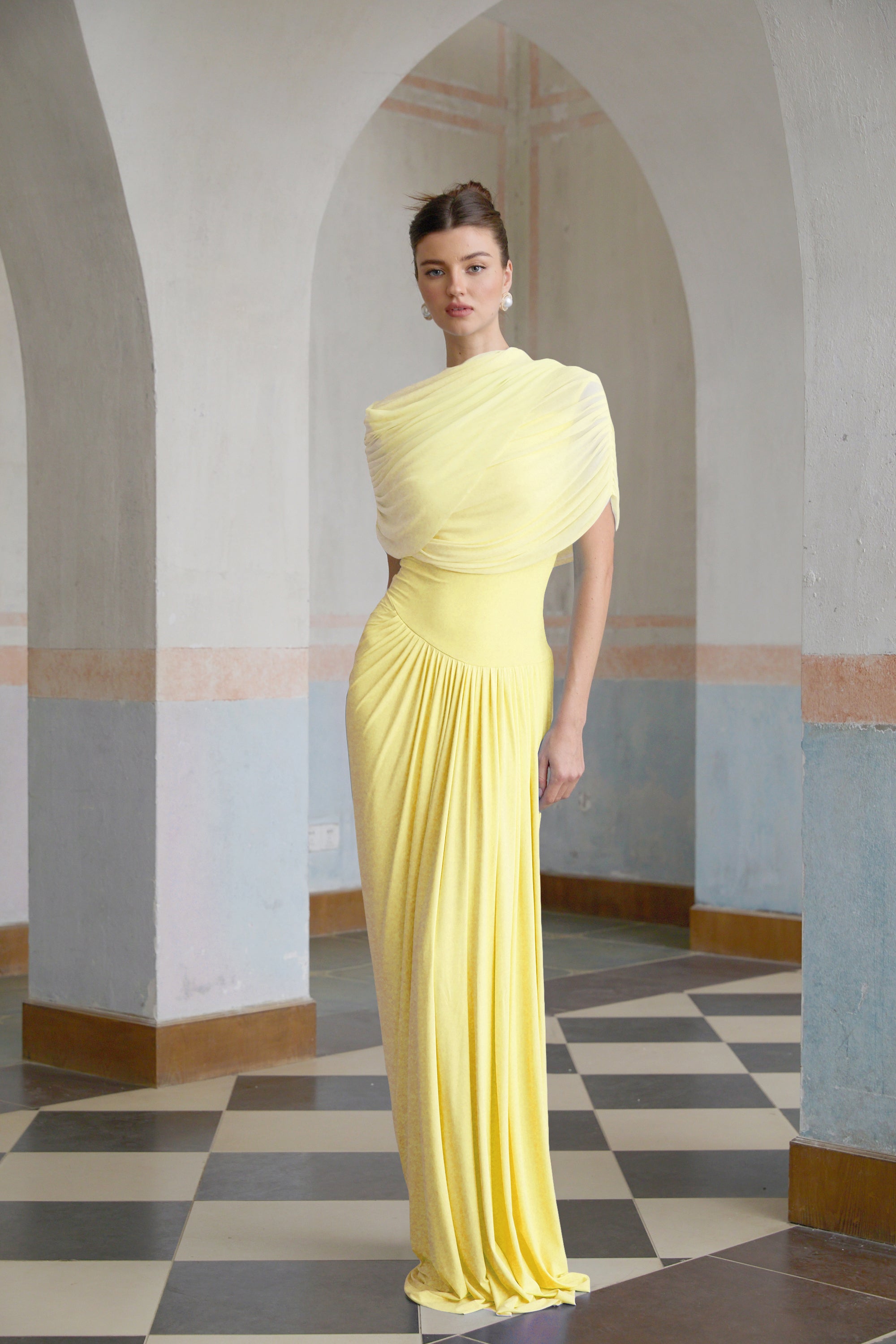 Catherine asymmetrical pleated maxi dress in Yellow (Final Sale-US Only)