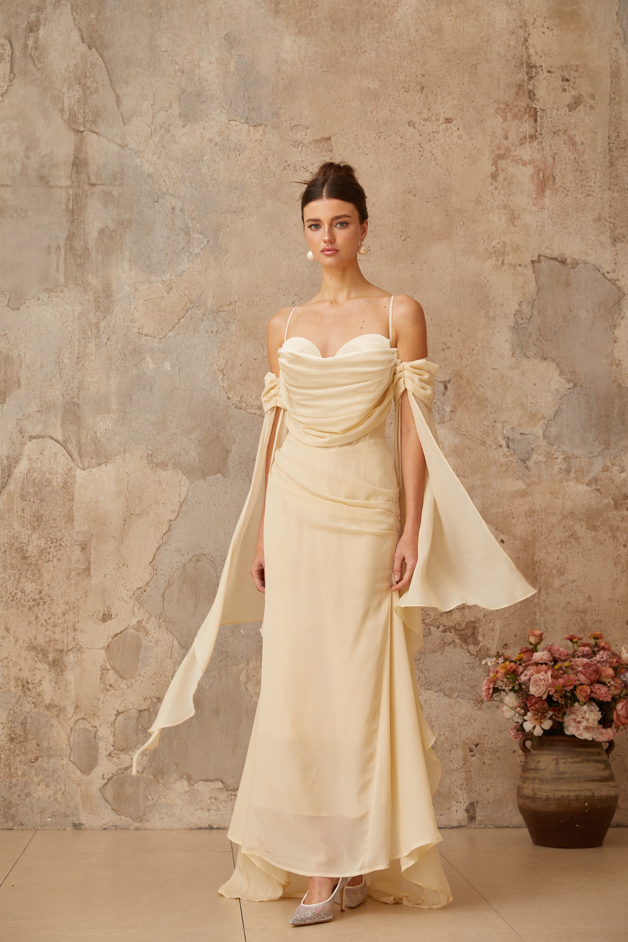 Mélusine Neutral Ruched Chiffon Maxi Dress