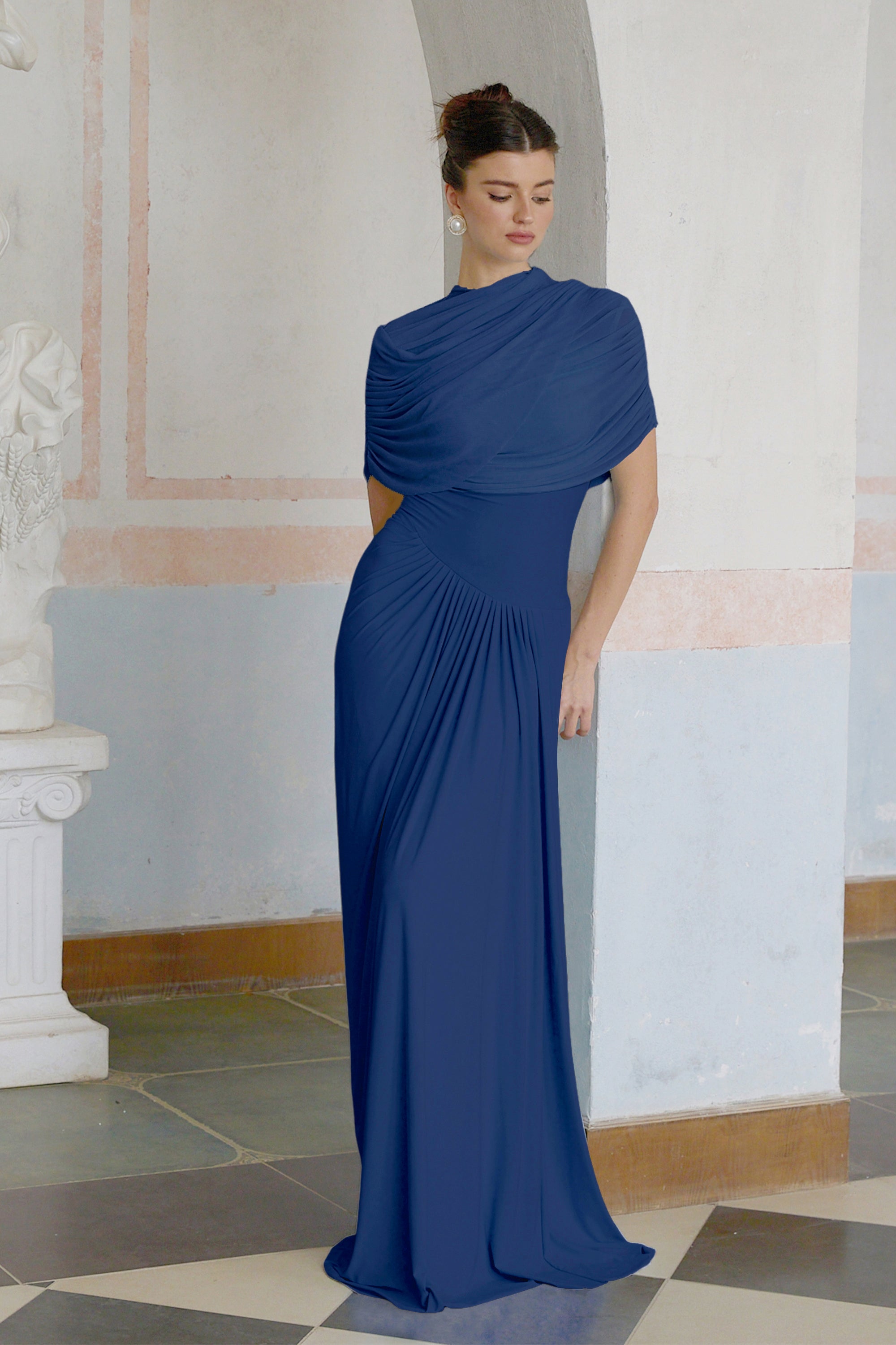 Catherine asymmetrical pleated maxi dress in Navy-blue (Final Sale-US Only)