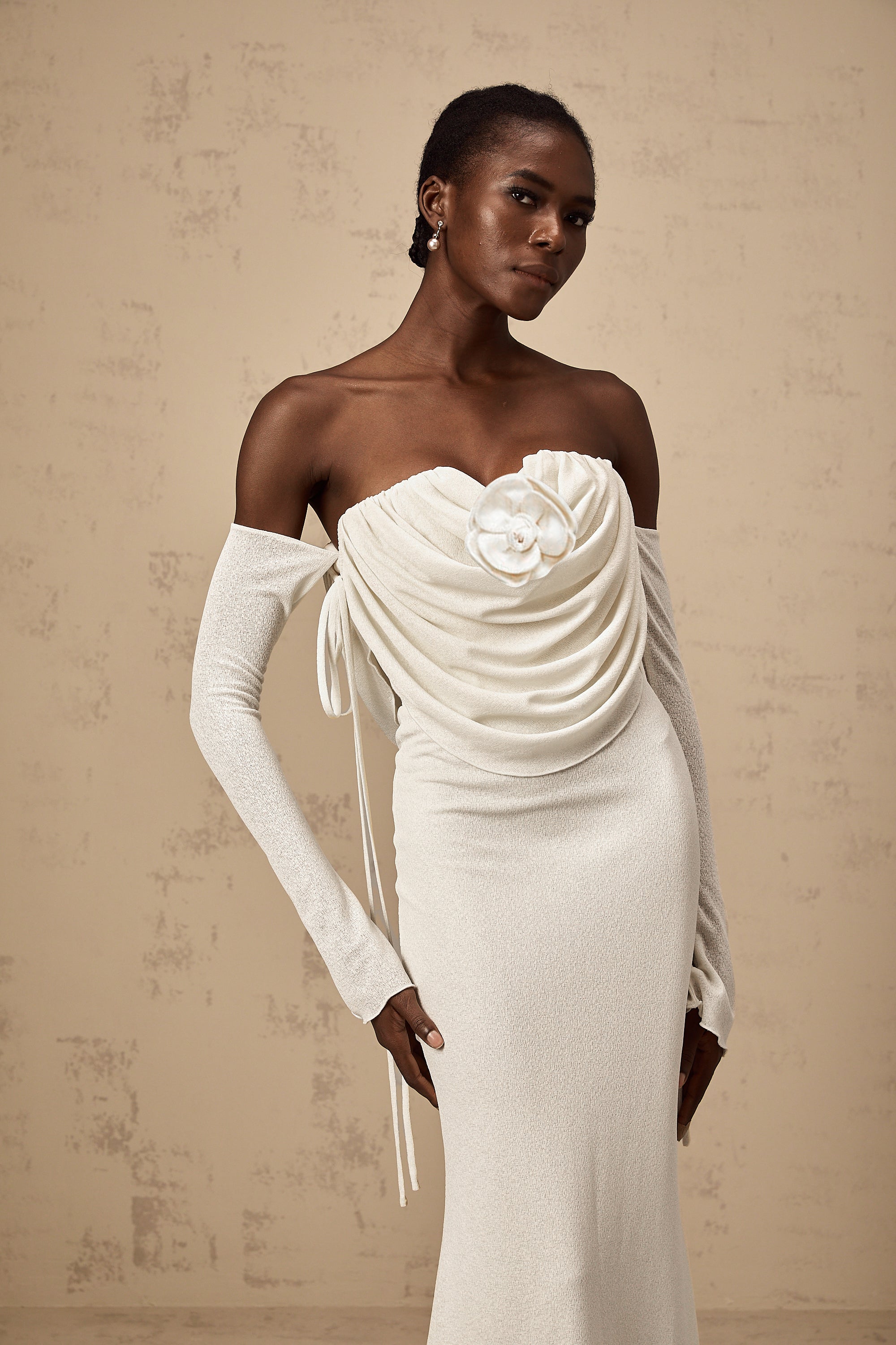 Julia floral-appliqué ruched strapless maxi dress