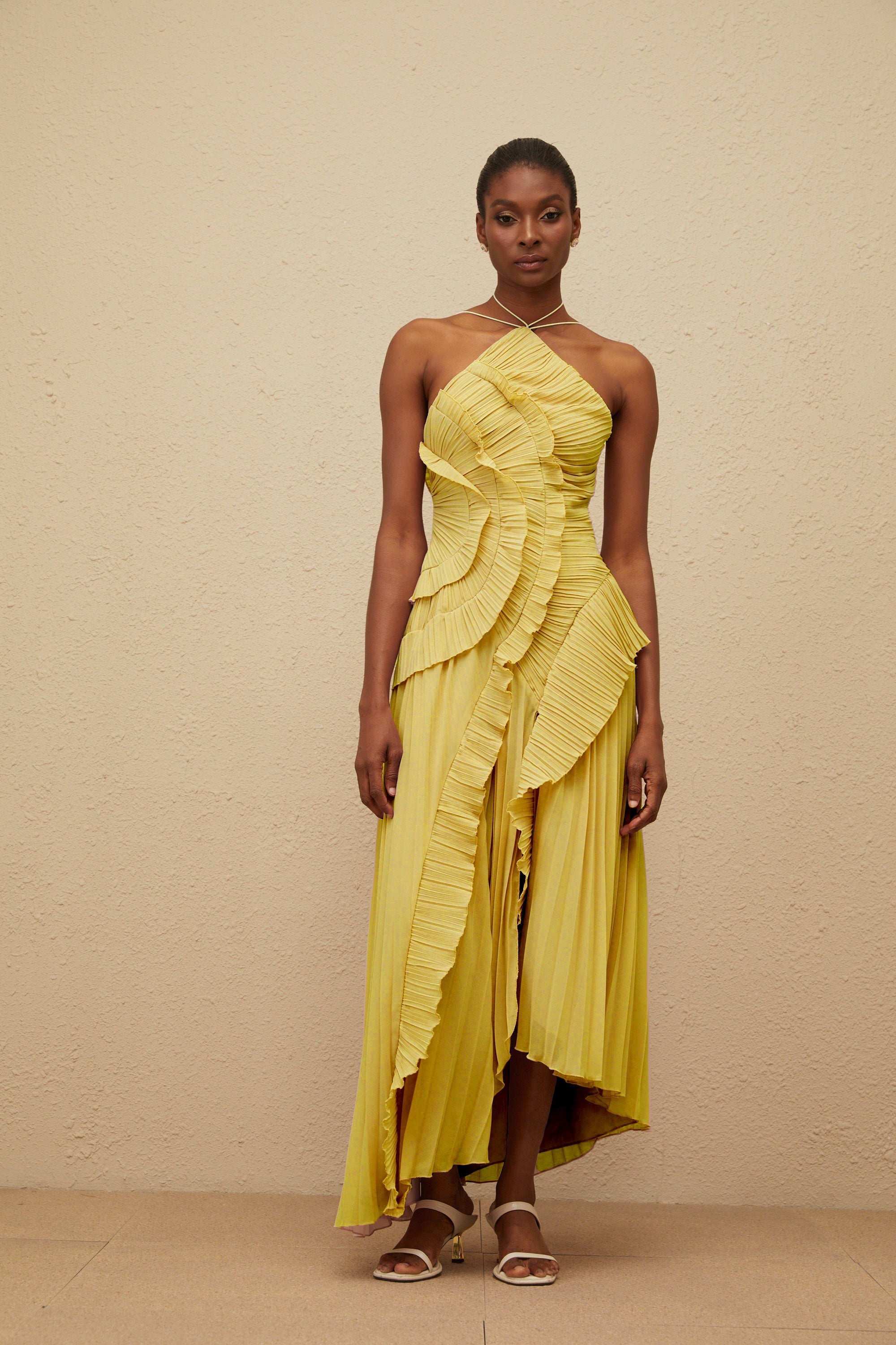 Doux Yellow Ruffled Trim Pleated Midi Dress (Final Sale-US Only)
