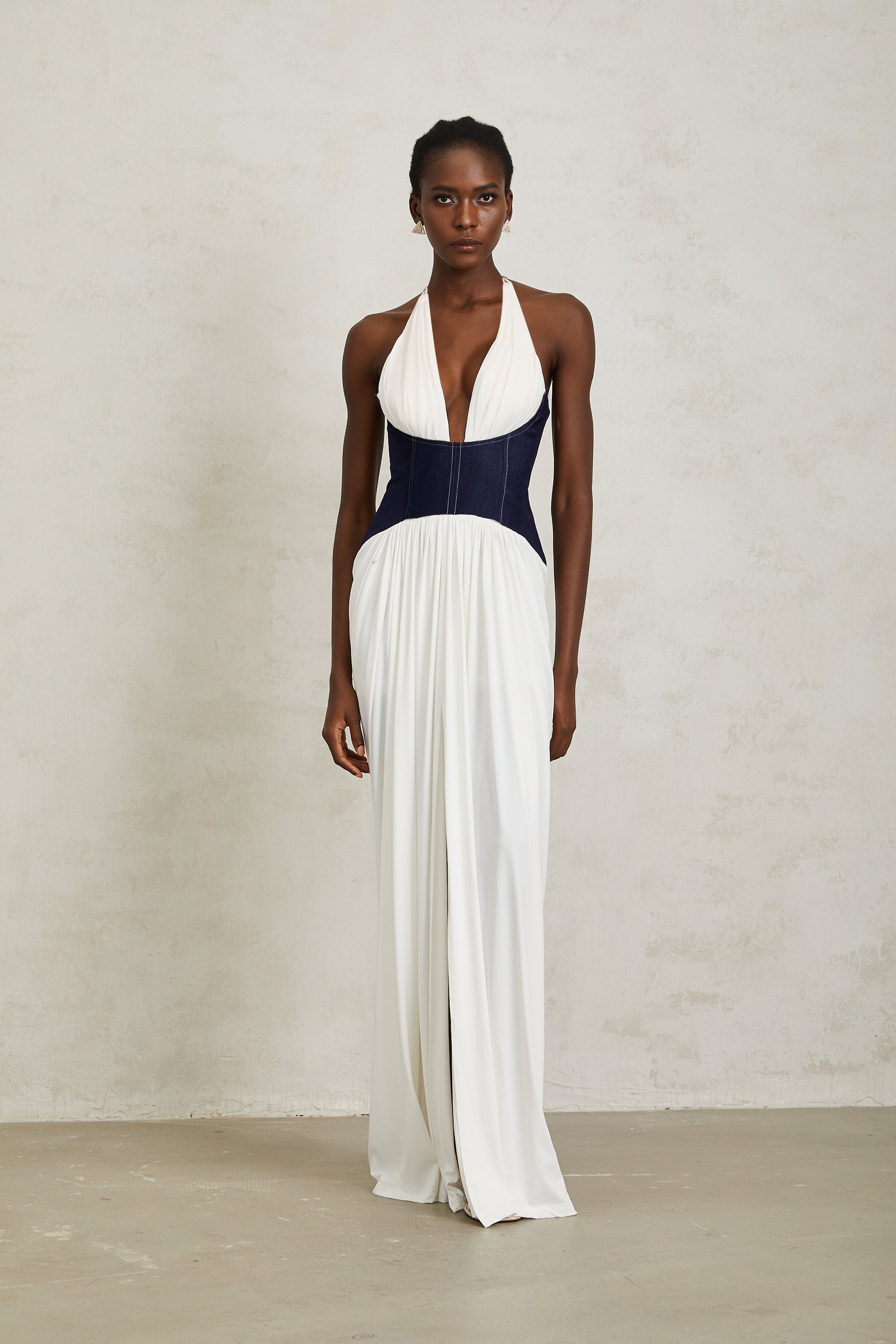Airi White Halterneck Denim Panel Maxi Dress