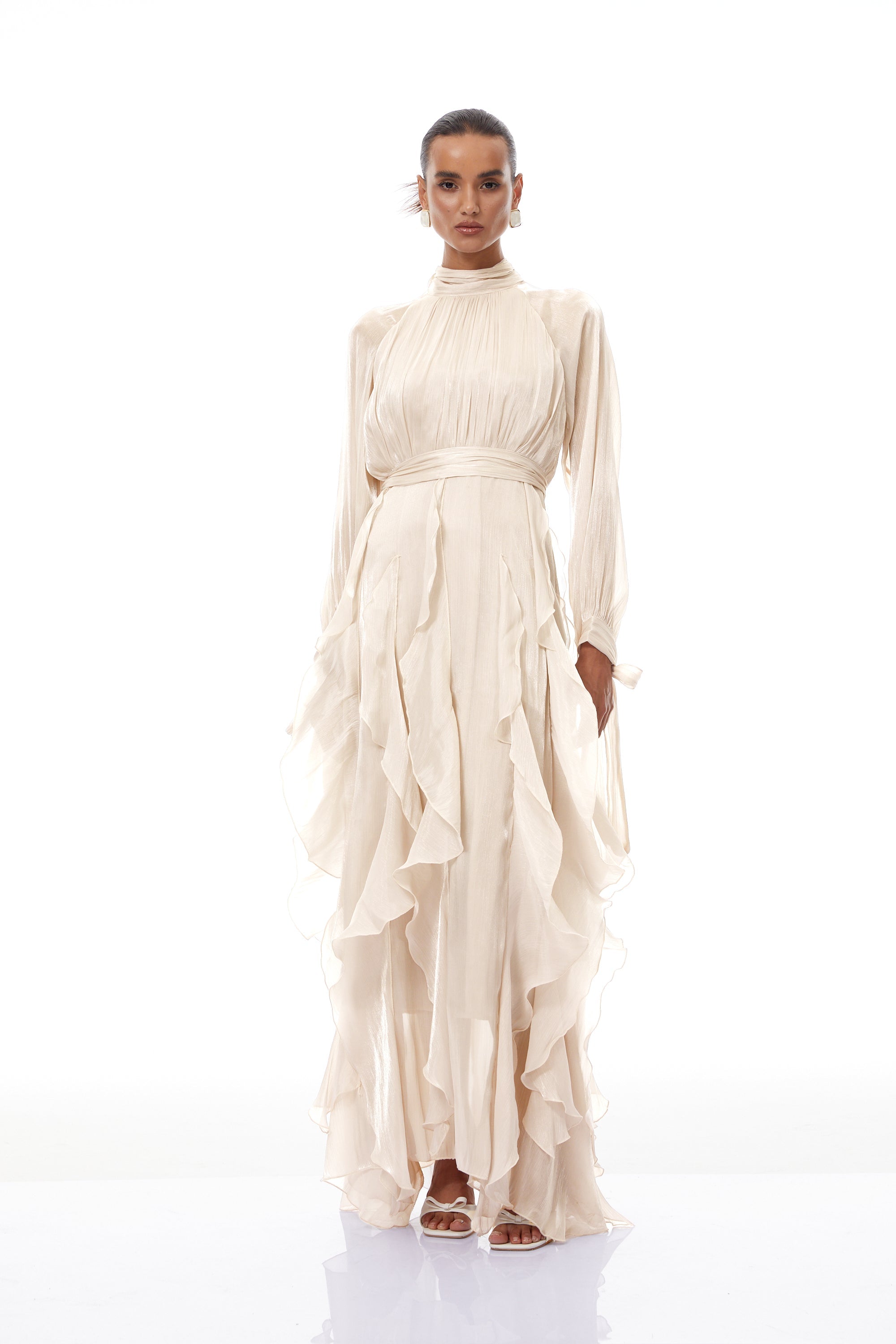 Zélie Neutral Glossy Pleated Ruffled Maxi dress (Final Sale-US Only)