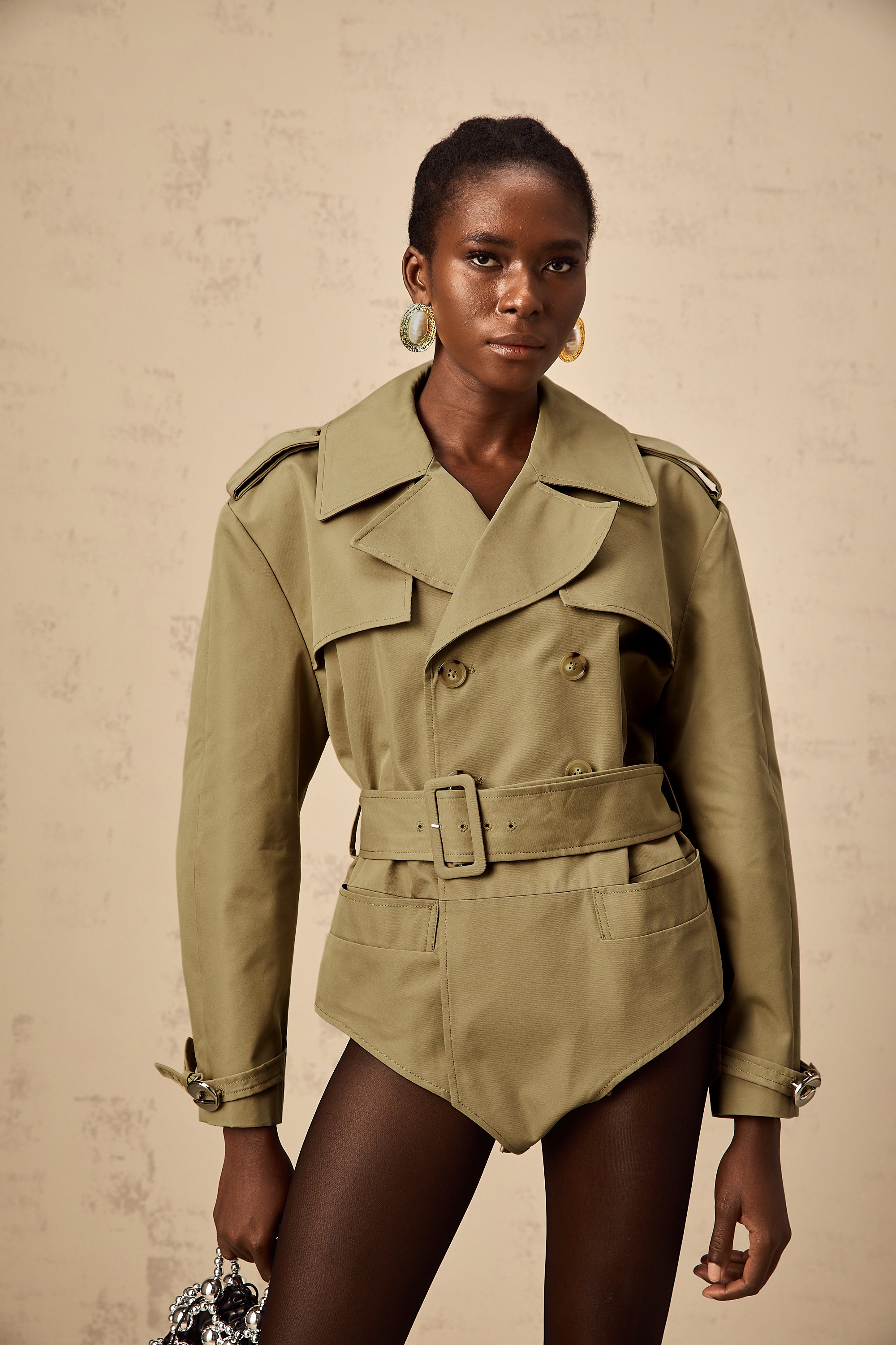 Chloe khaki double-breast belted bodysuit
