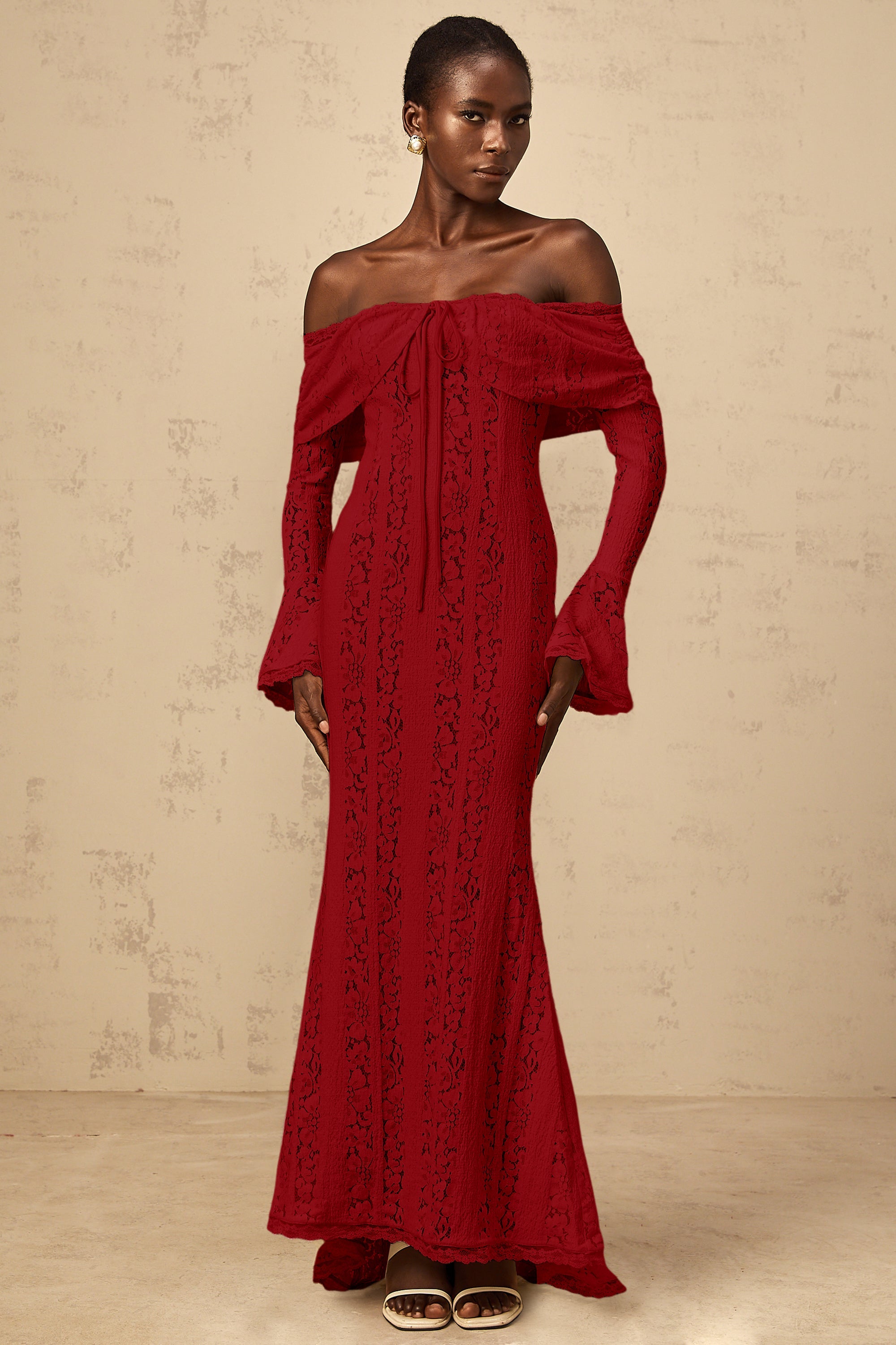 Émeline floral lace train-design maxi dress in Red (Final Sale-US Only)