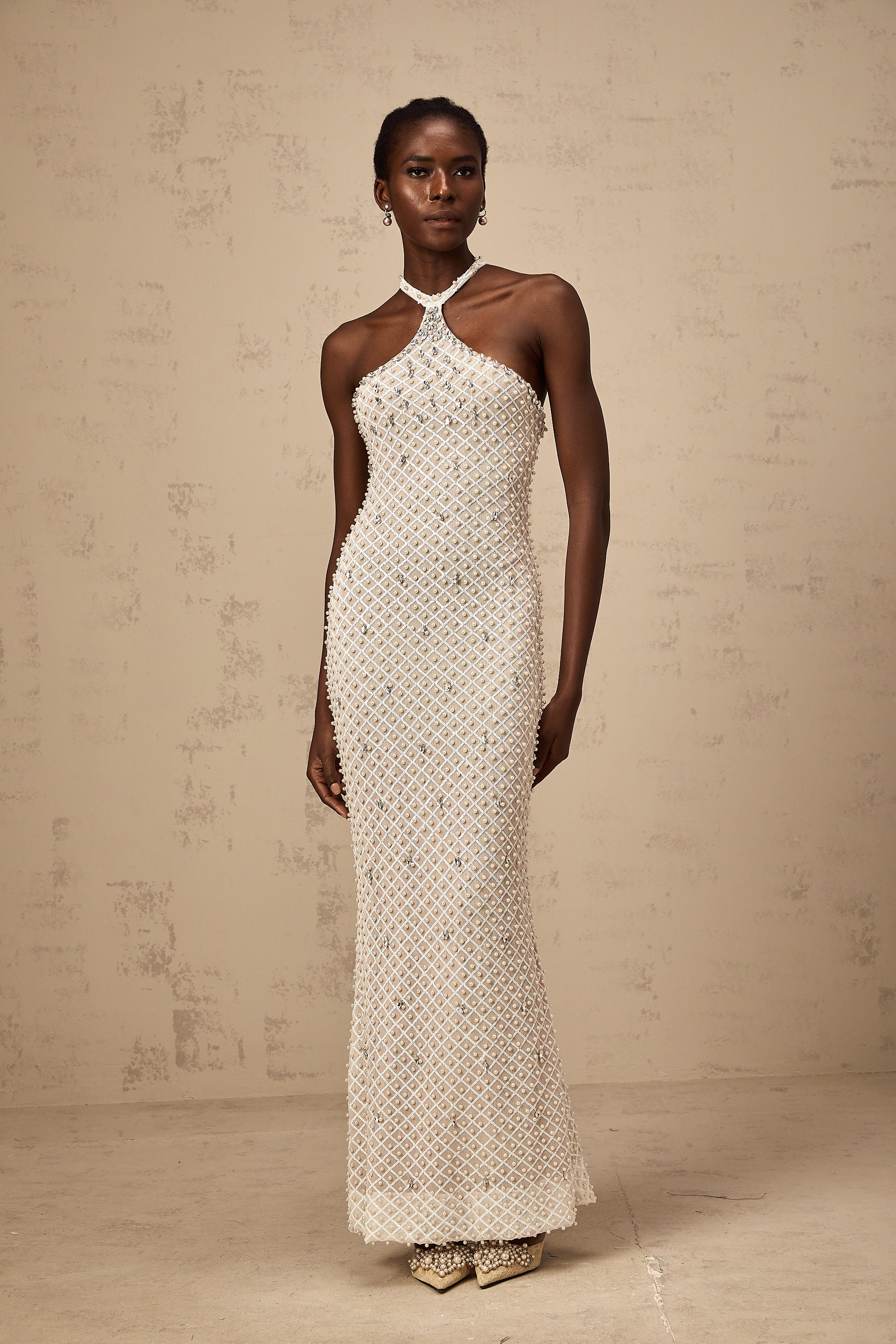 Claudine white embellished halterneck maxi dress