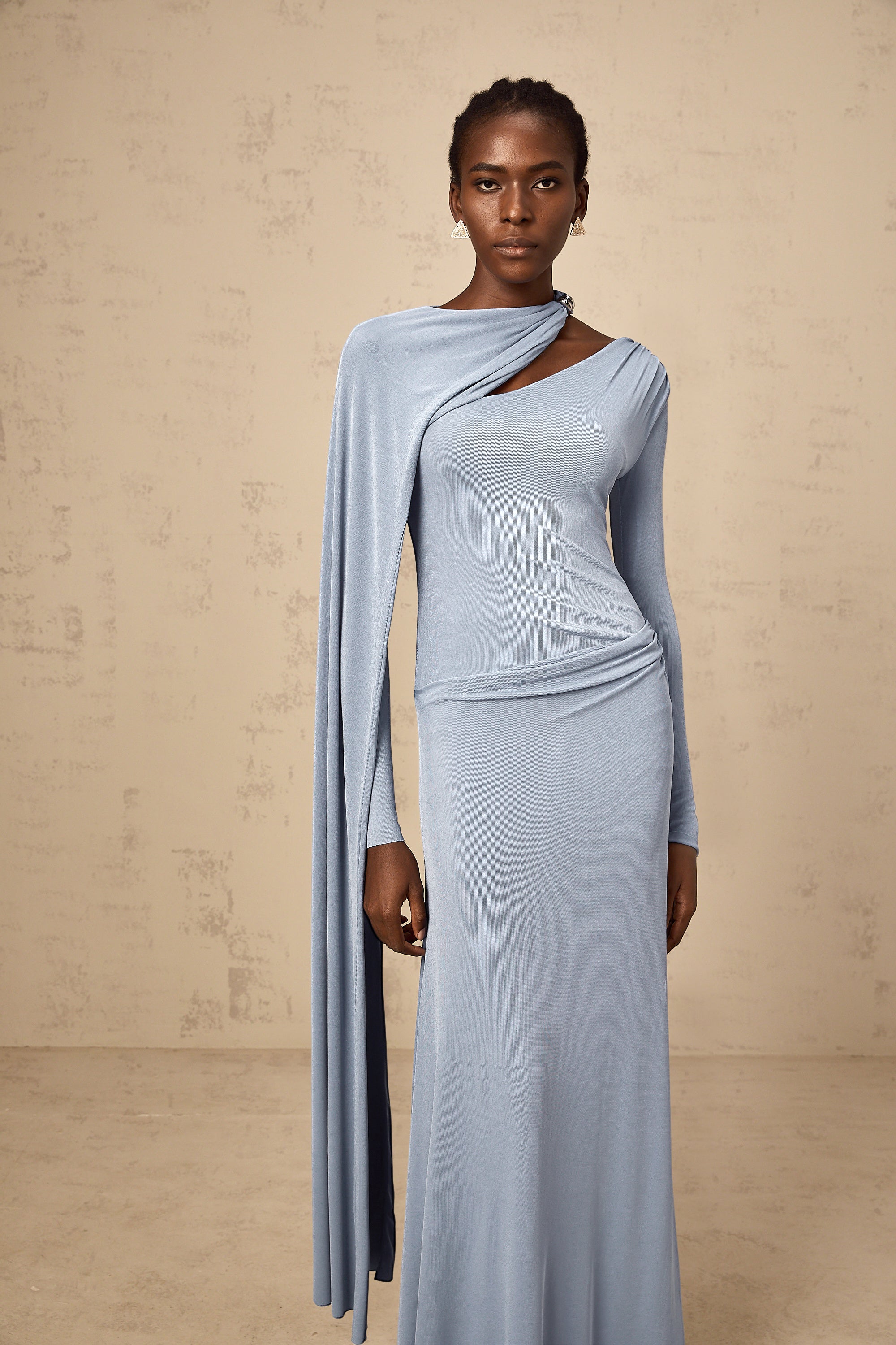 Josette Blue Diagonal Shawl Fitted Maxi Dress (Final Sale-US Only)