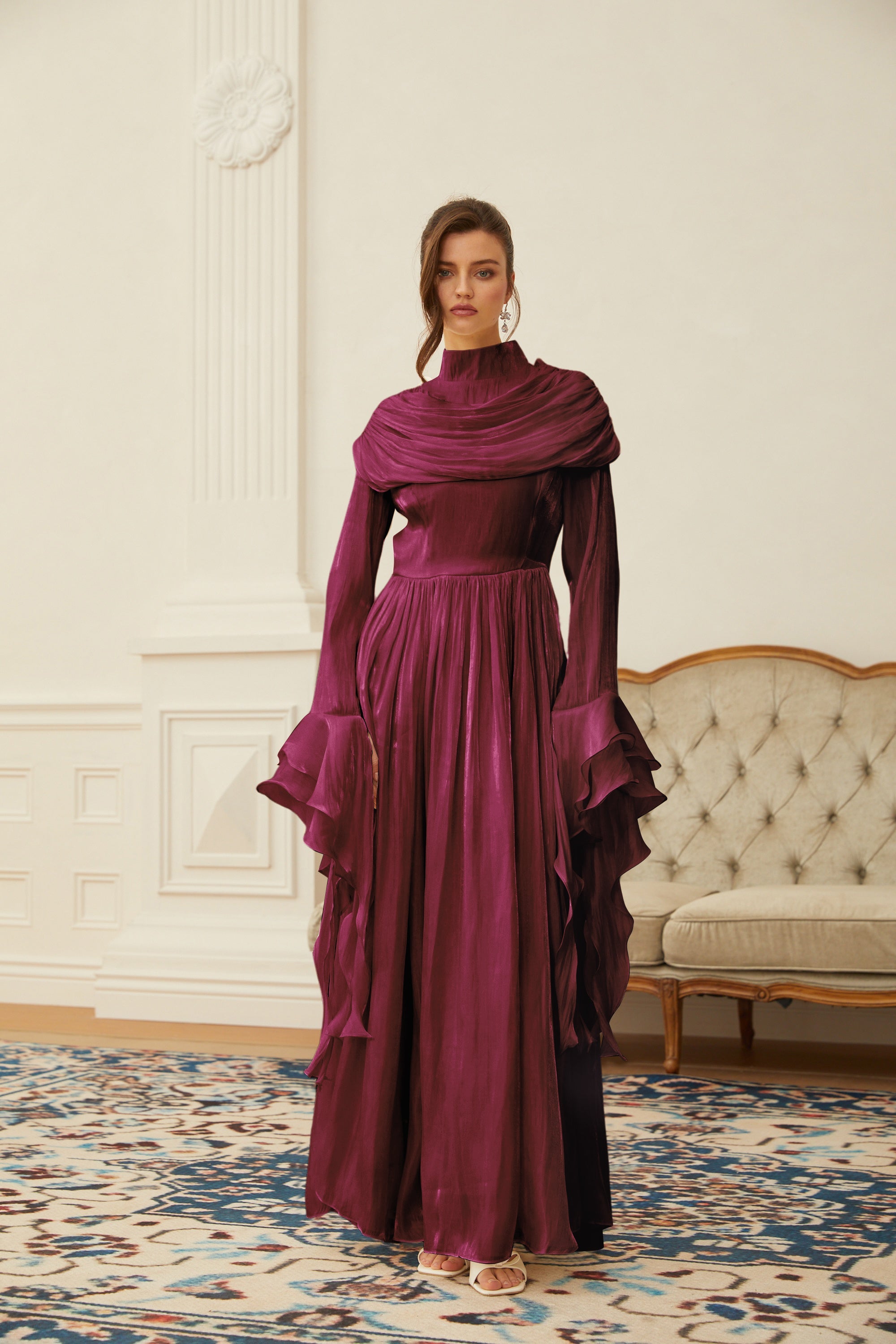 Danuta Burgundy Ruched Pleated Maxi Dress