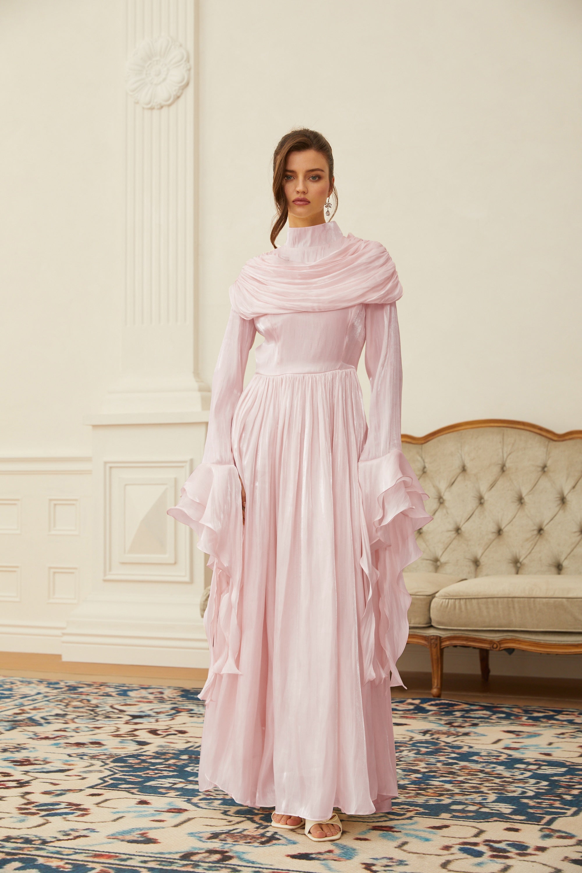 Danuta Pink Ruched Pleated Maxi Dress