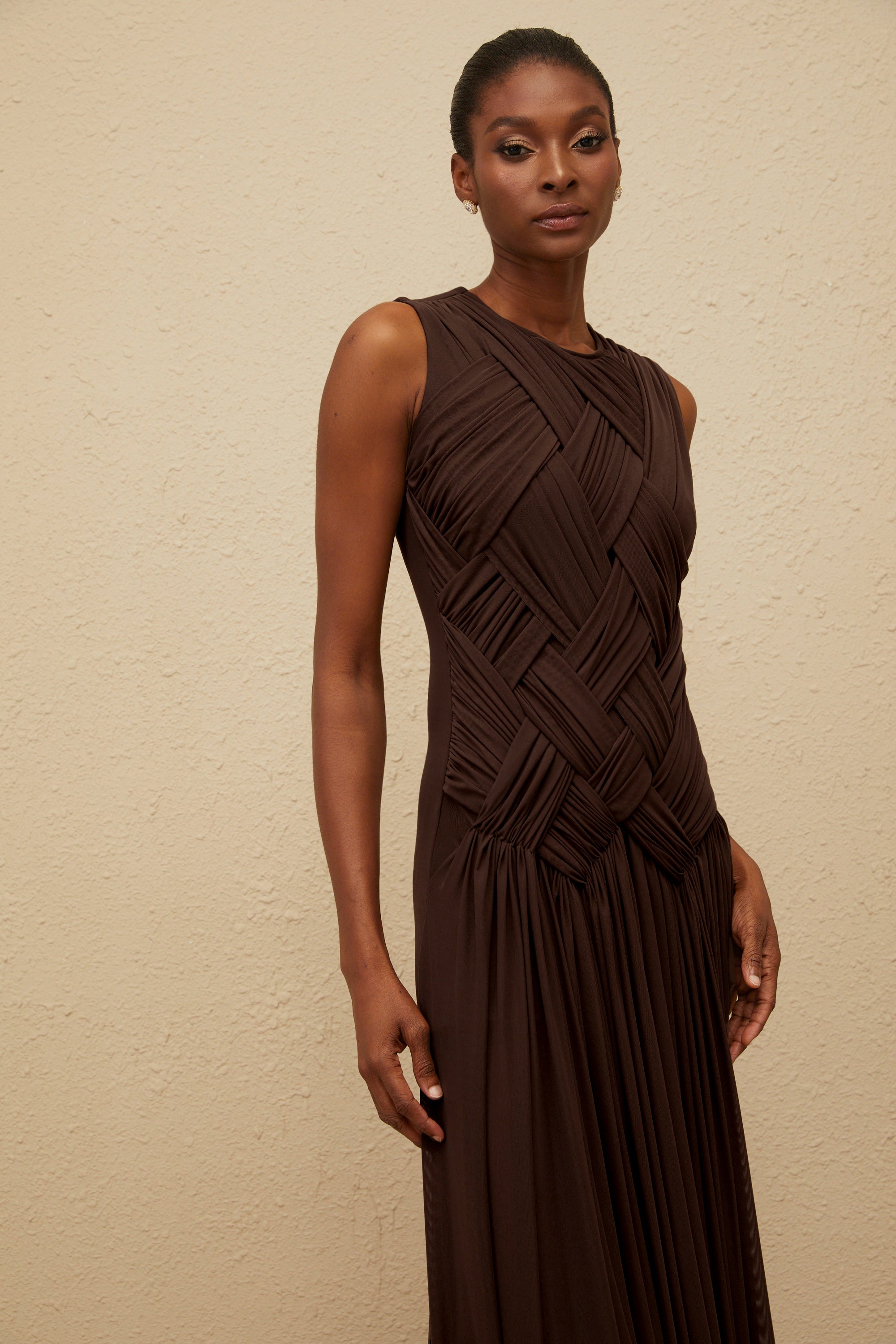 Daphné Brown Asymmetrical Braided Tulle Midi Dress