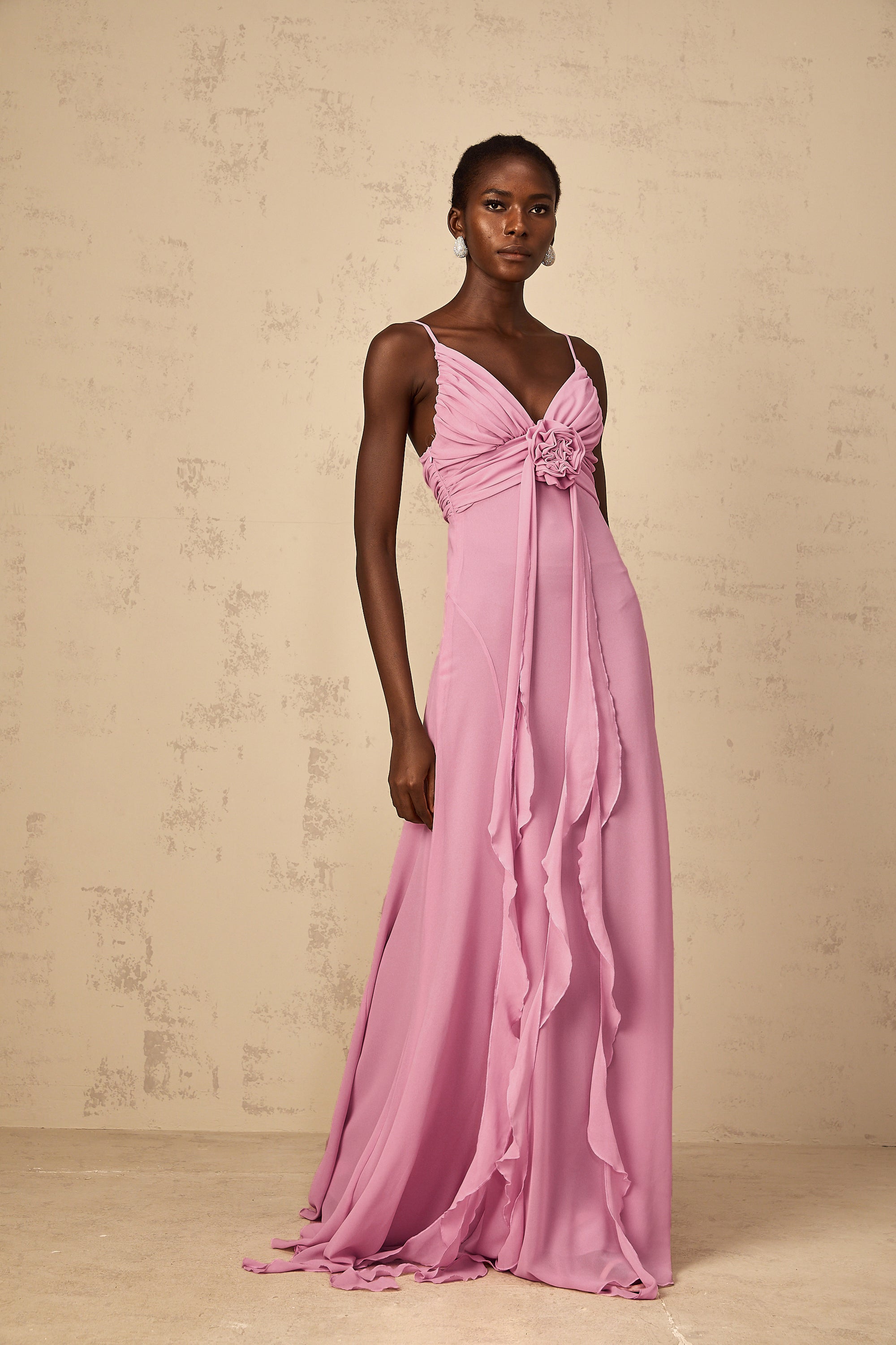 Ysandre Rose-Pink 3D Petal Tulle Maxi Dress