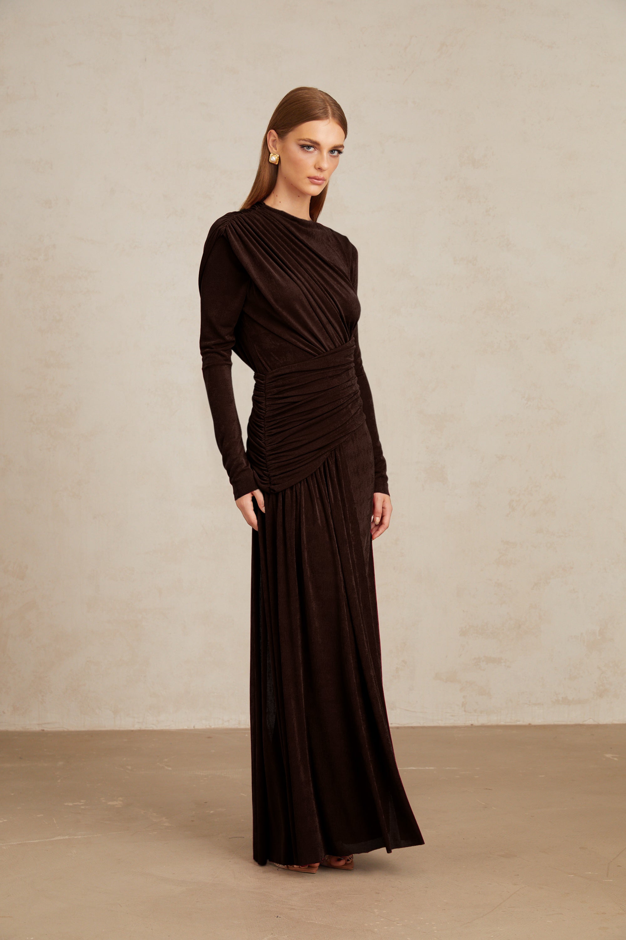 Charme Brown Ruched Maxi Dress