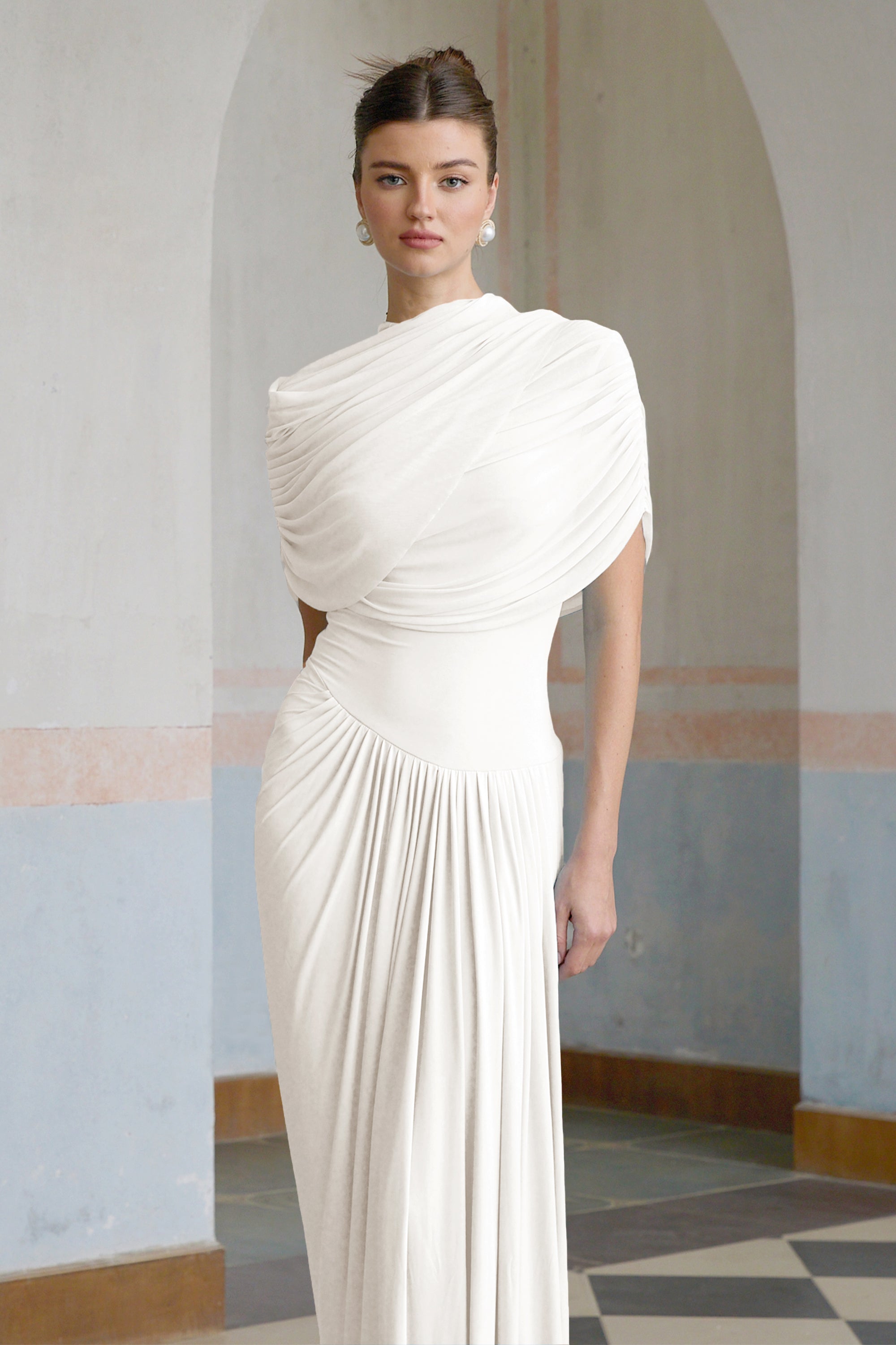Catherine asymmetric pleated maxi dress in White