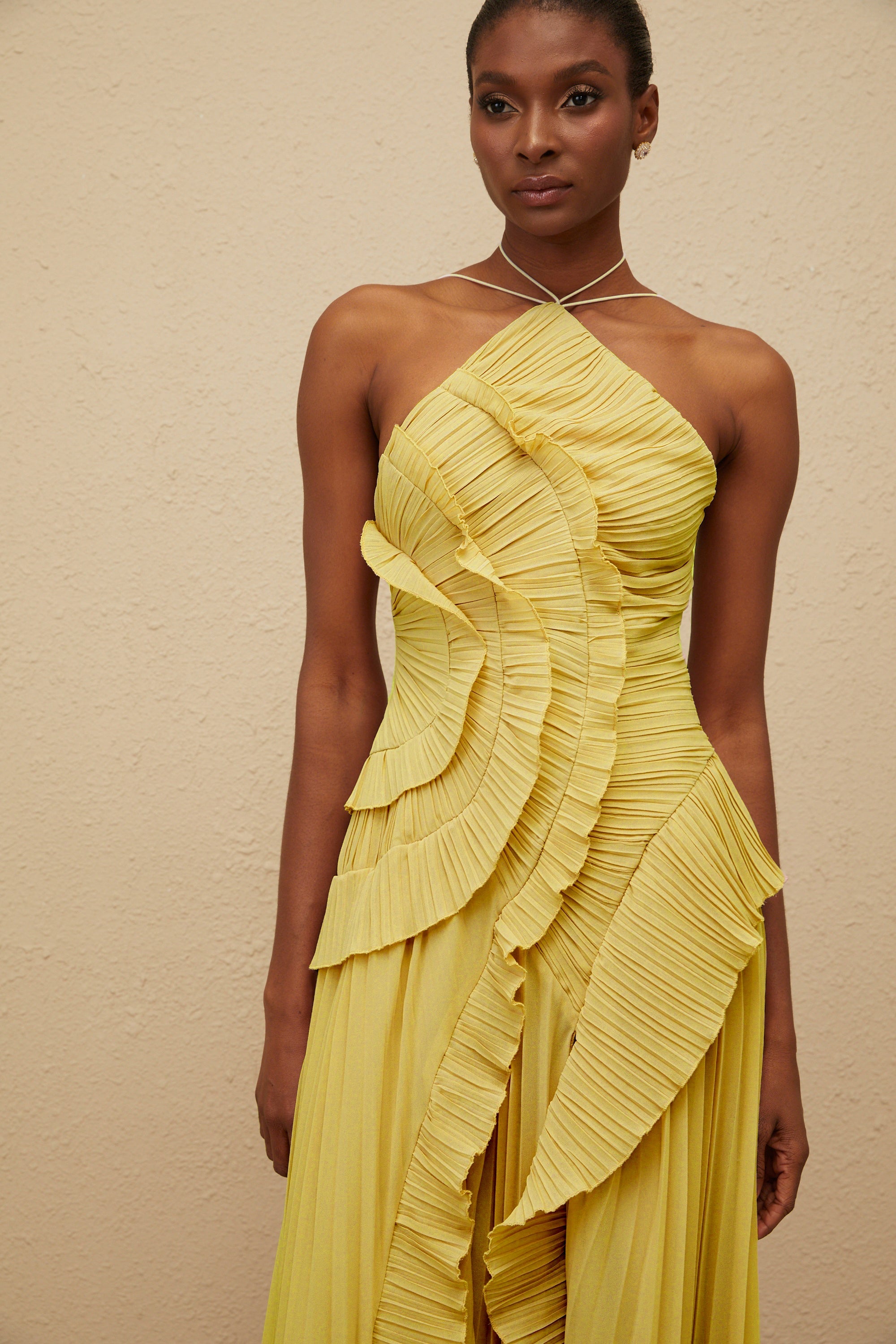 Doux Yellow Ruffled Trim Pleated Midi Dress (Final Sale-US Only)