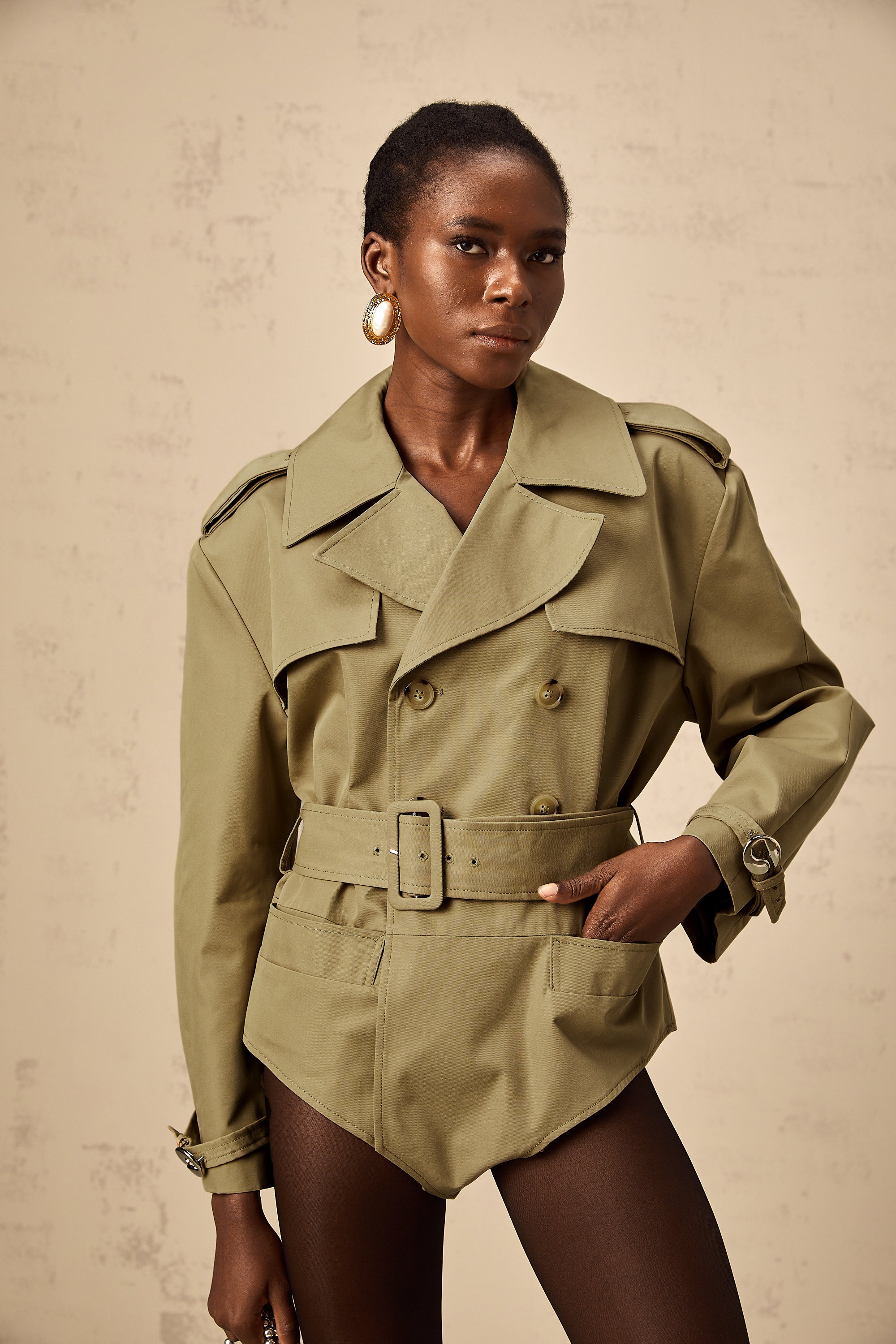 Chloe khaki double-breast belted bodysuit