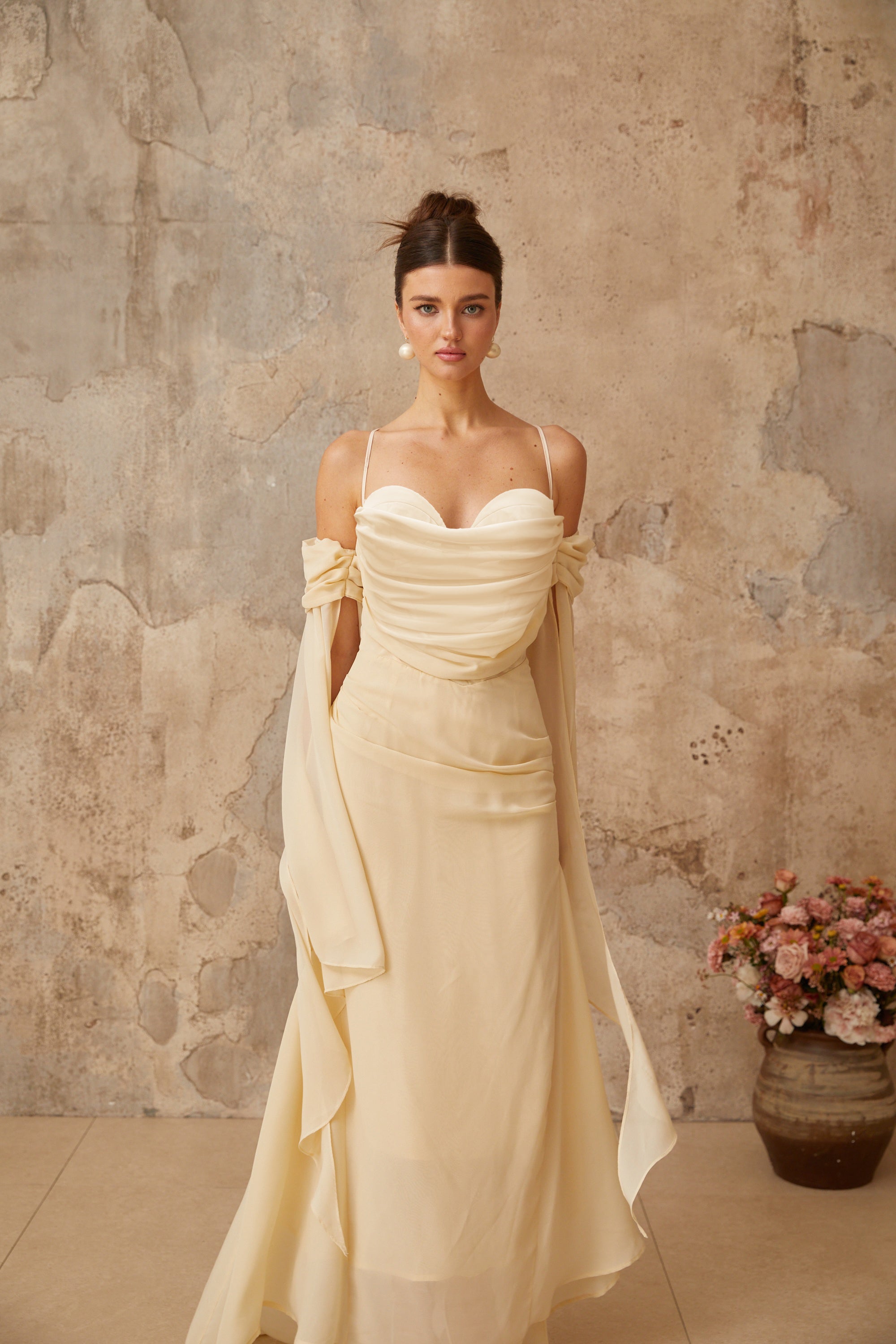 Mélusine Neutral Ruched Chiffon Maxi Dress