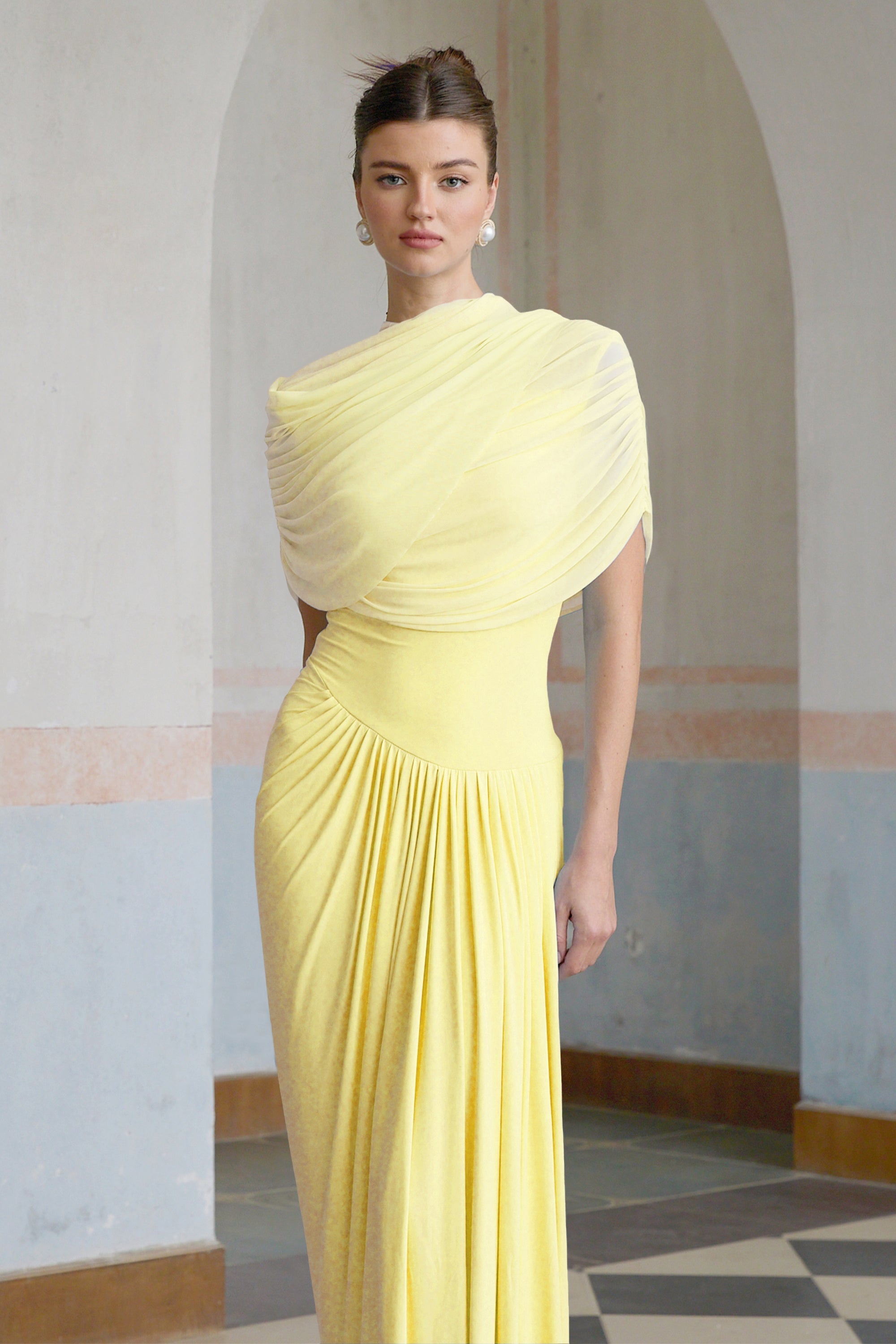 Catherine asymmetrical pleated maxi dress in Yellow
