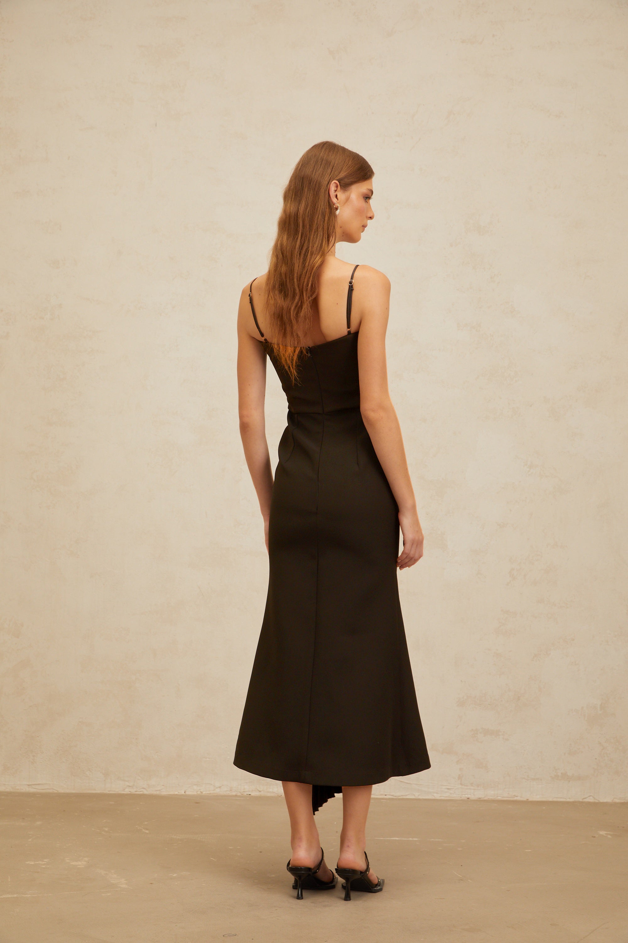 Déotille Brown Pleated Ribbon Midi Dress