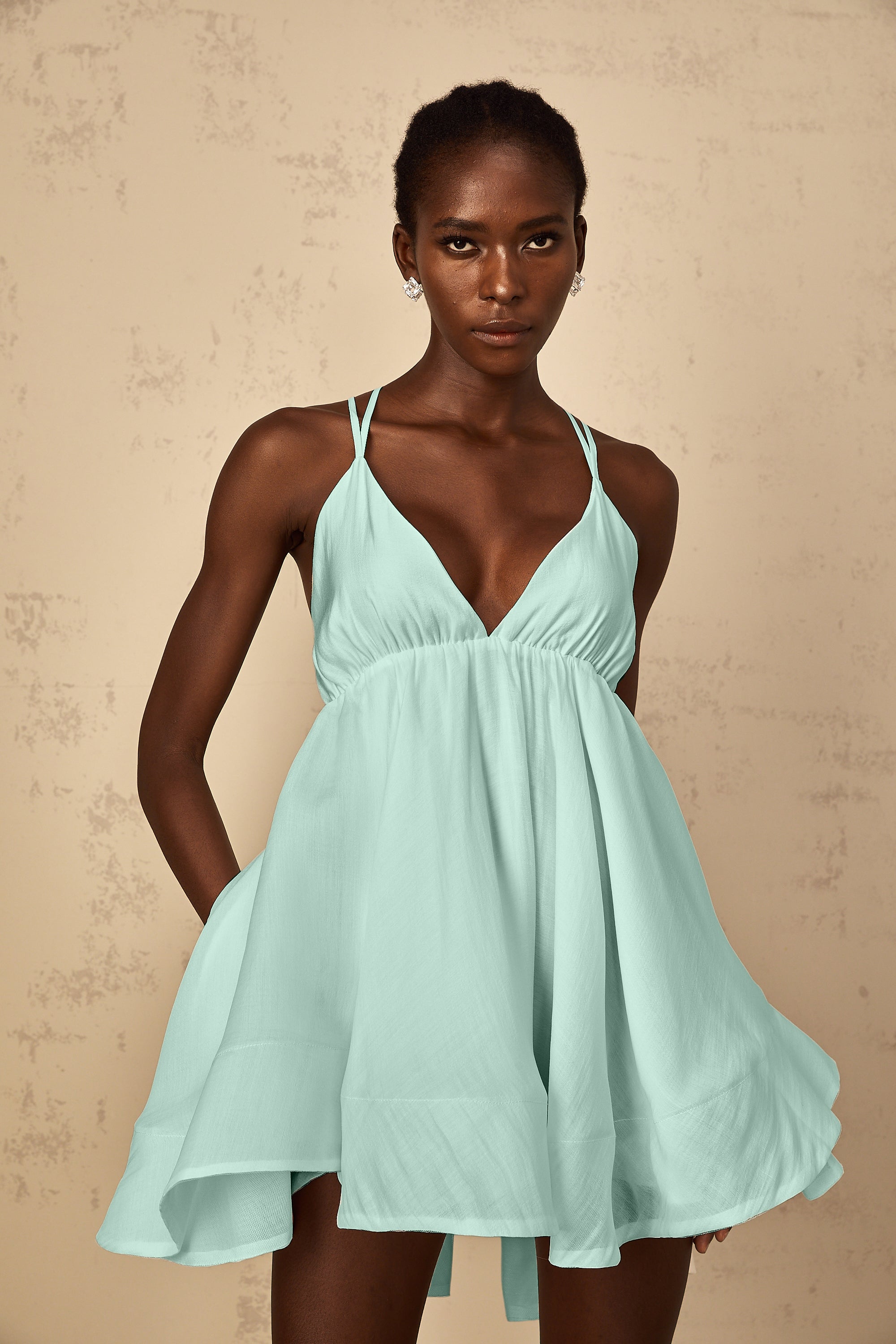 Quincie Green Shirred Flounced Mini Dress (Final Sale)