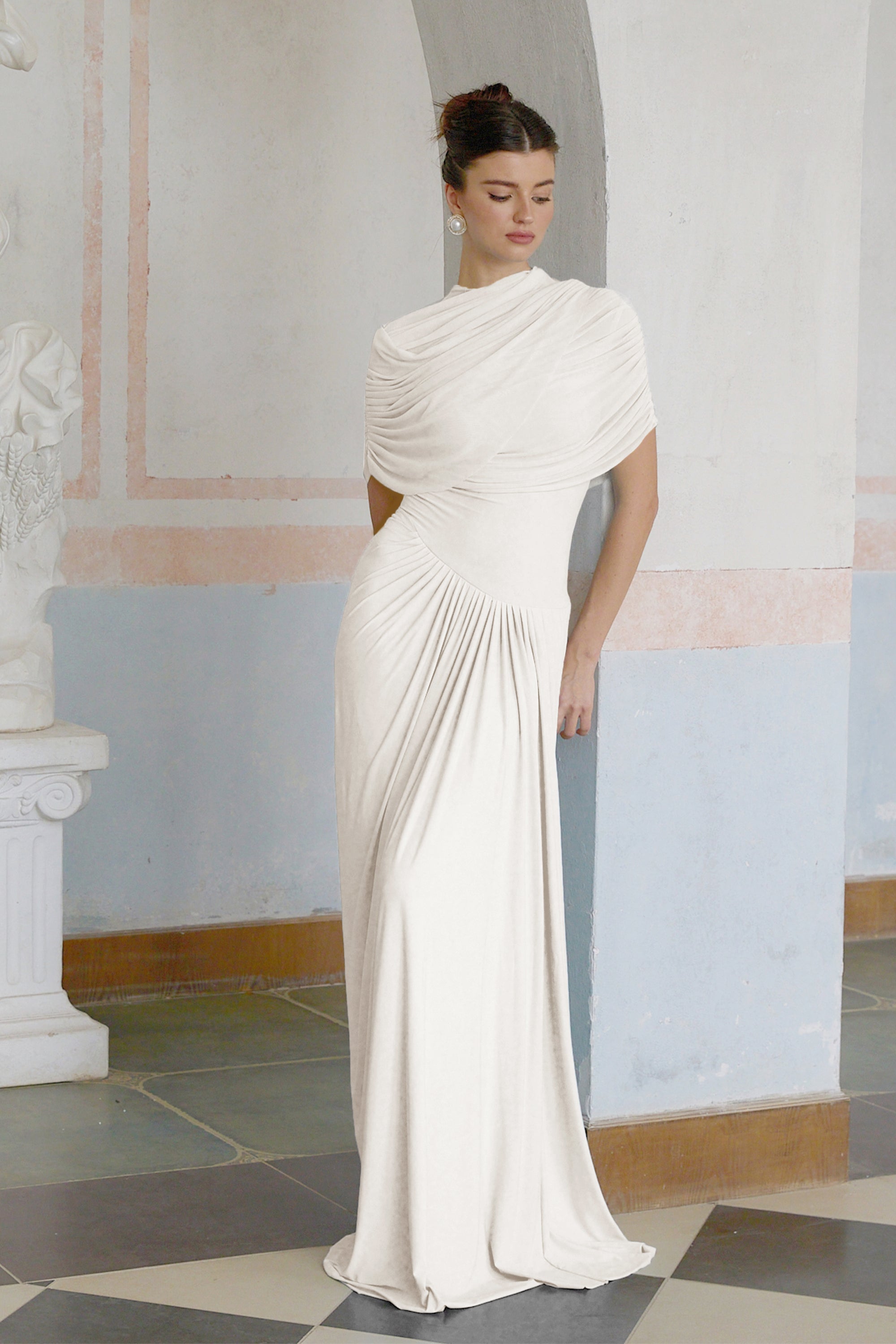 Catherine asymmetric pleated maxi dress in White