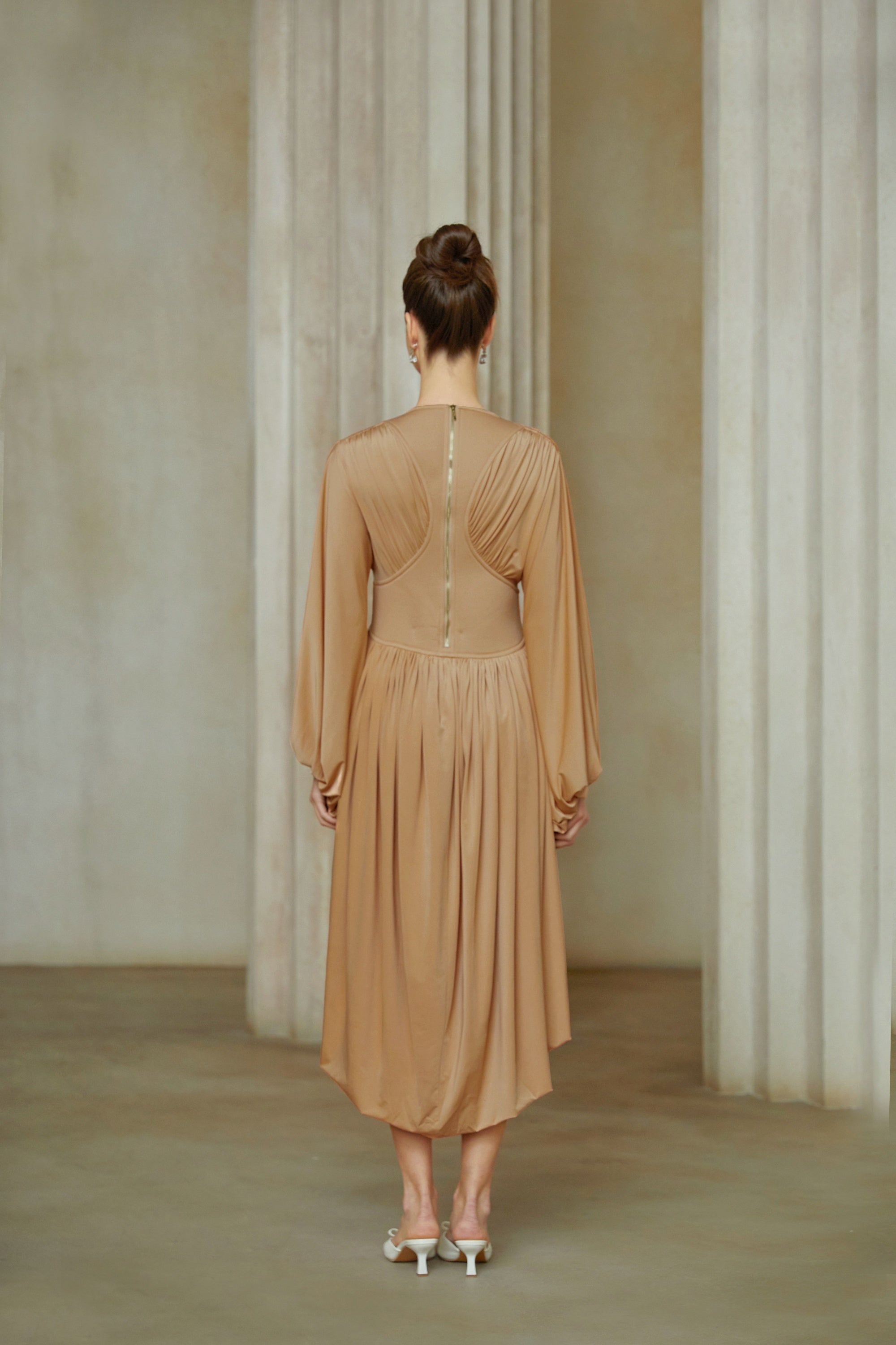 Kenza Pink Asymmetrical Pleated Midi Dress