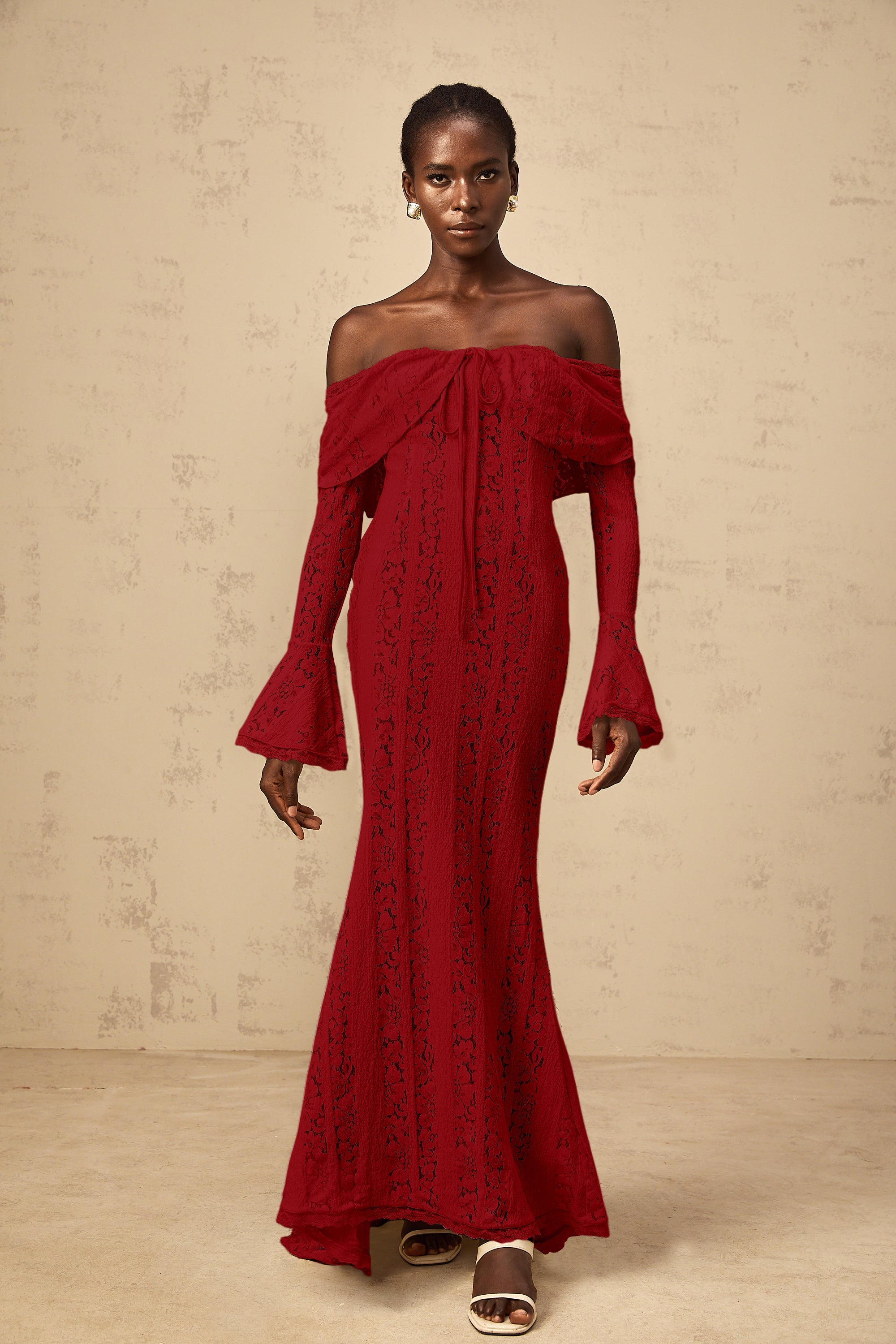 Émeline floral lace train-design maxi dress in Red (Final Sale-US Only)