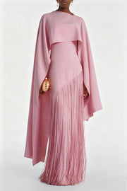 Cayetana Pink Fringe Maxi Dress with Cape Effect