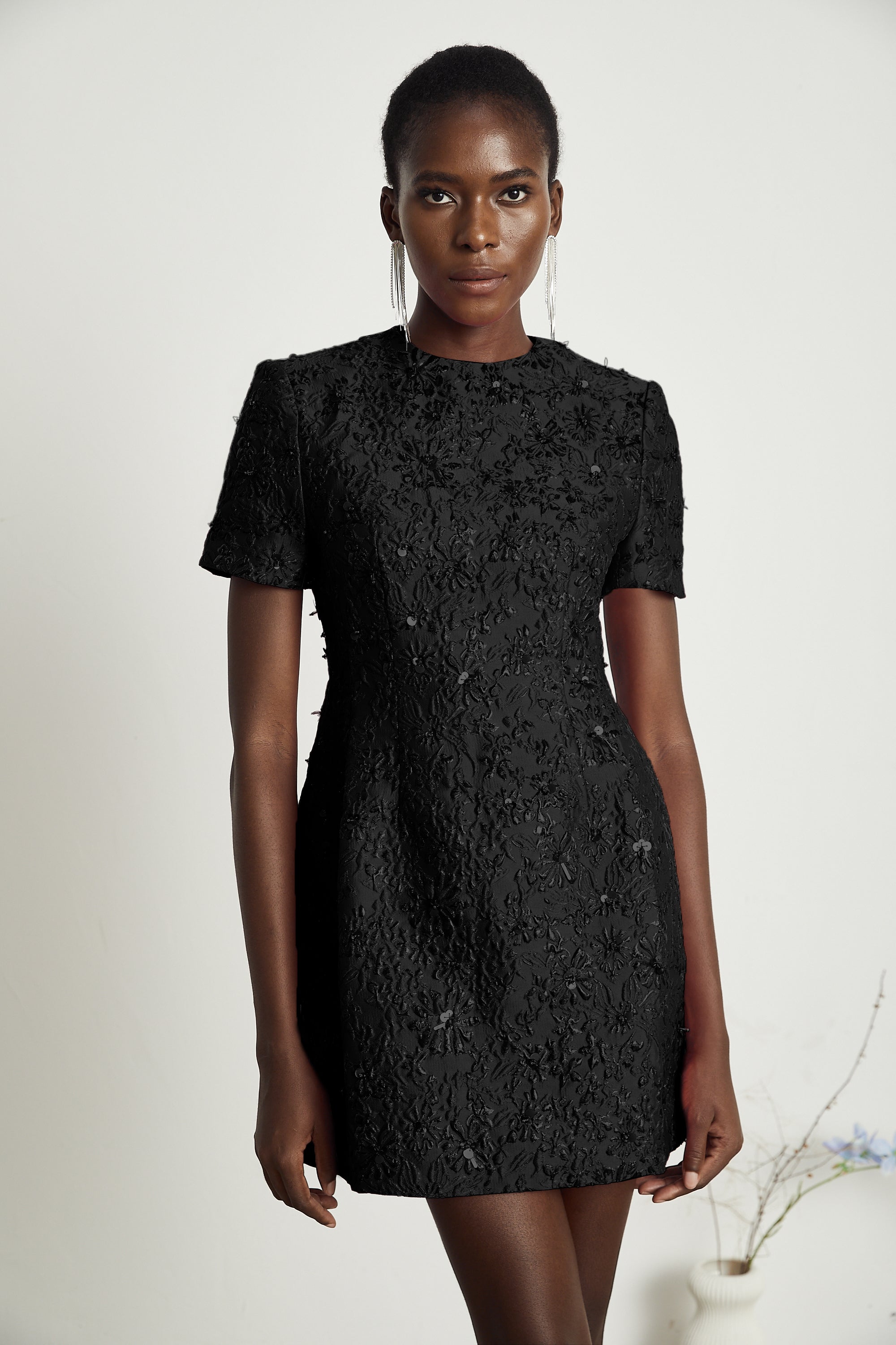 Celestia Floral-Appliqué Embellished Mini Dress in Black (Final Sale)