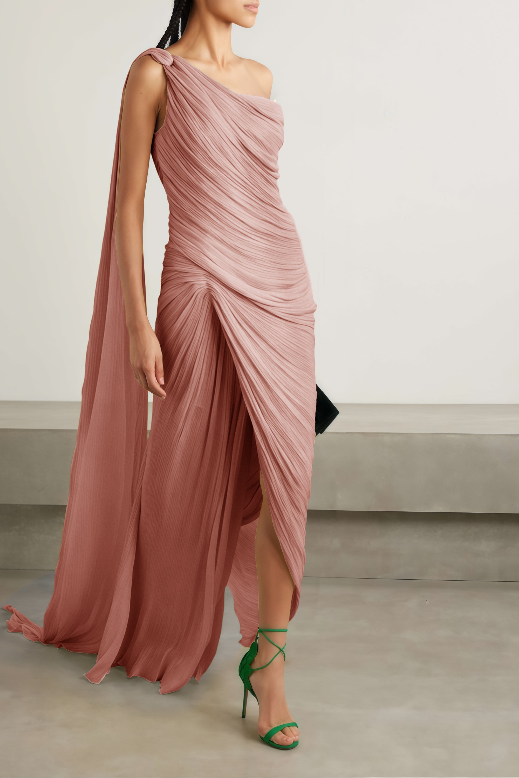 Meissa Pink Asymmetrical Ruched Maxi Dress