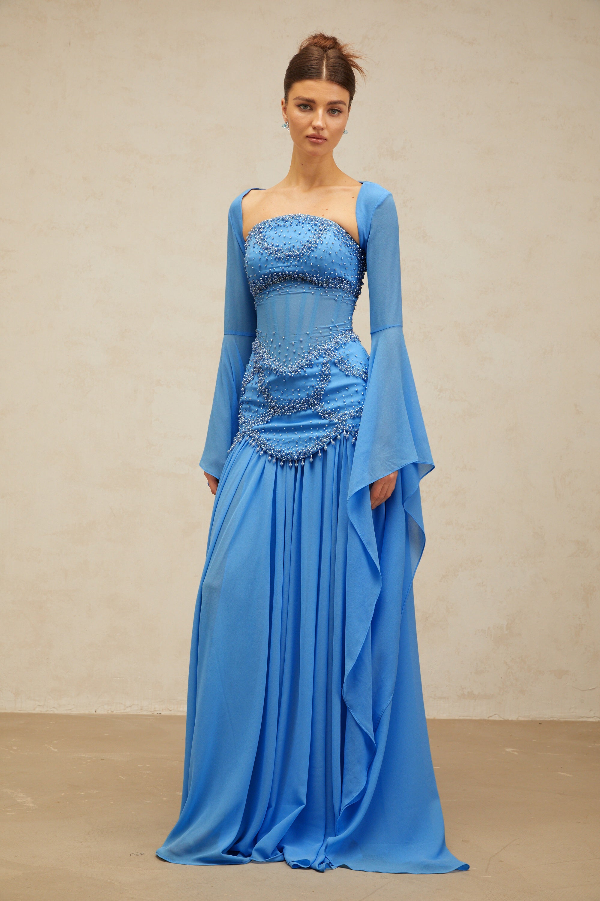 Gaëlle blue faux-pearl-embellished pleated maxi dress (Final Sale-US Only)