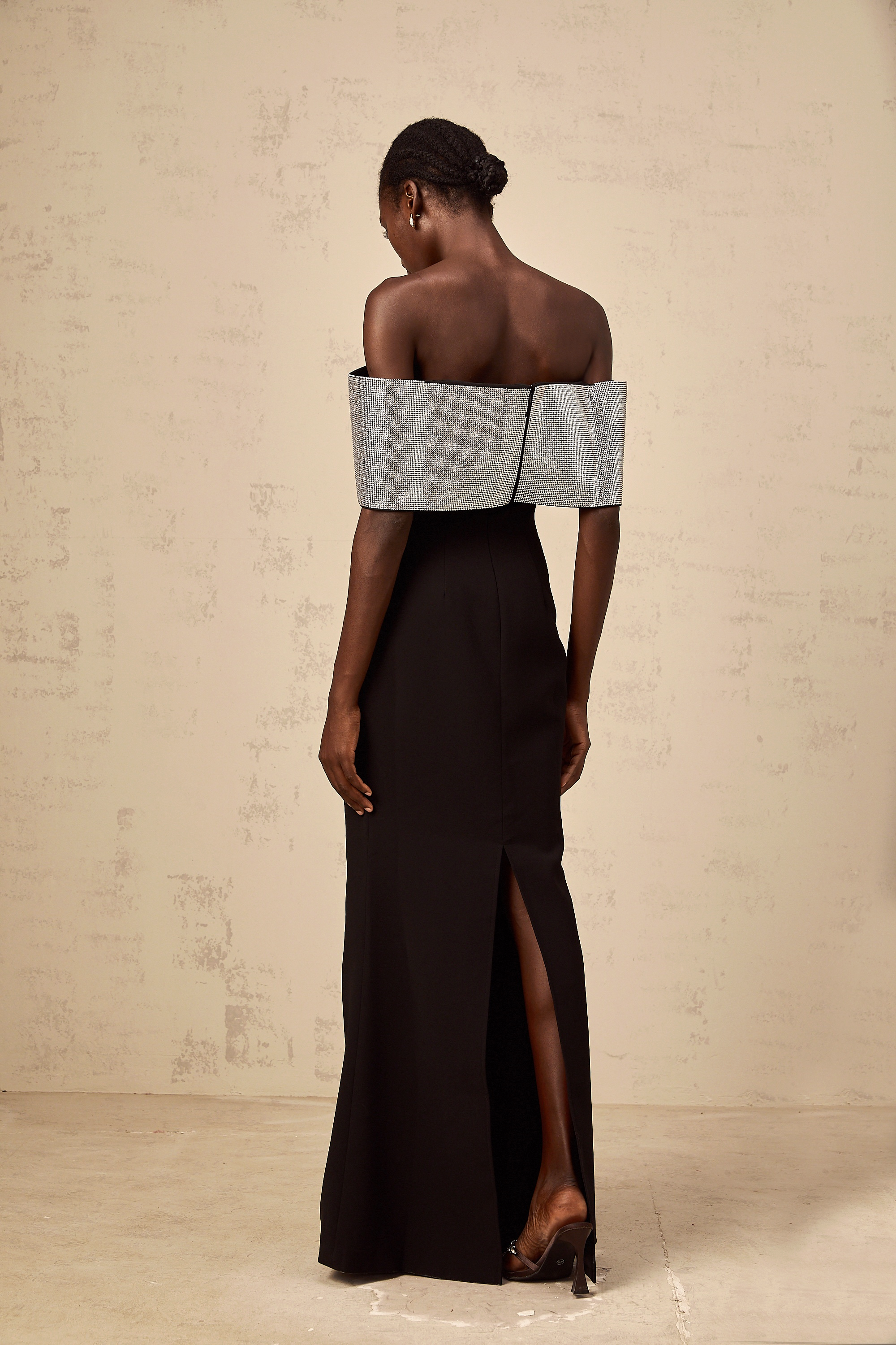 Chloé black rhinestone-bow off-shoulder maxi dress