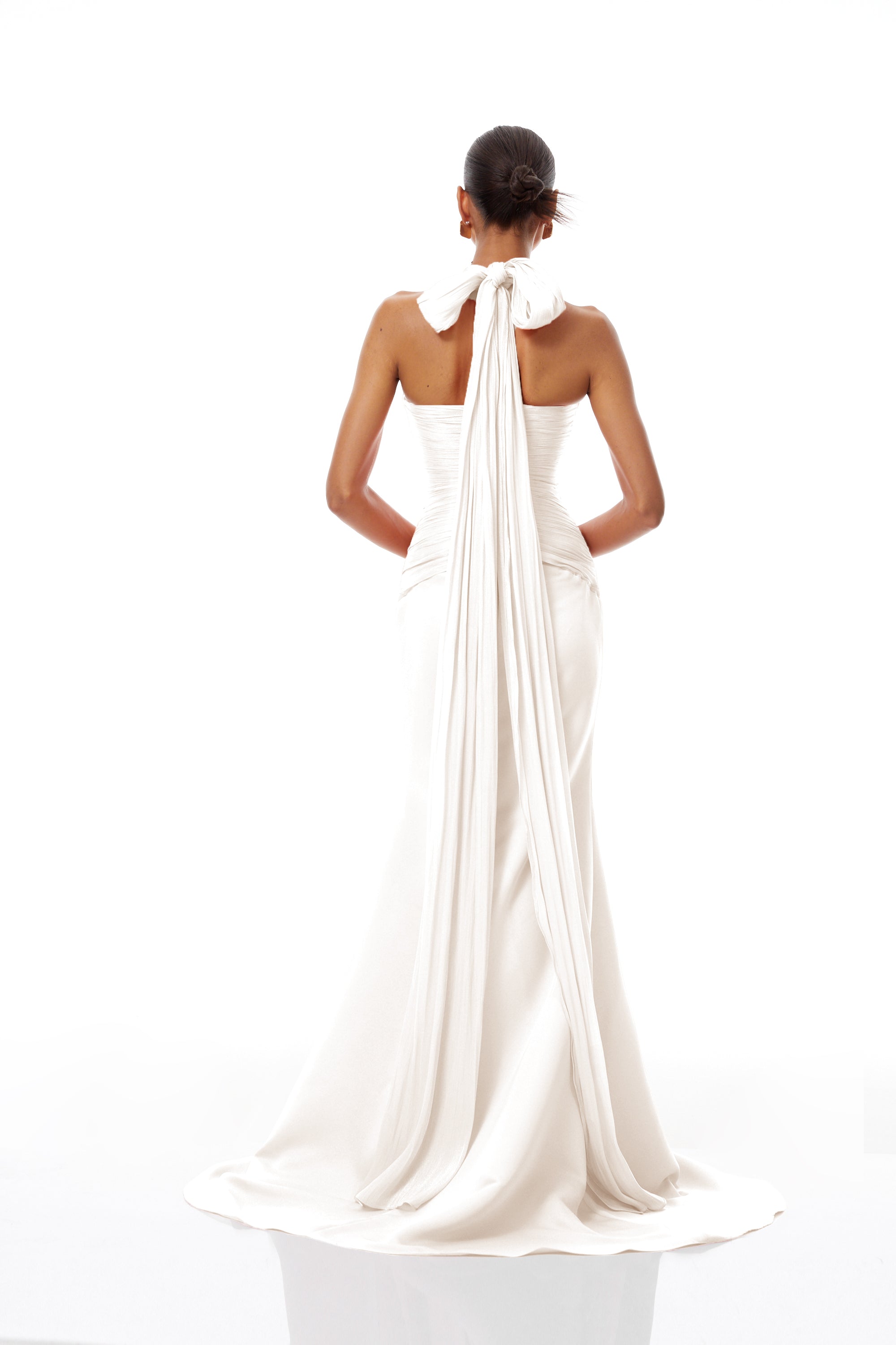 Emmeline White Train Design Gathered Maxi Dress