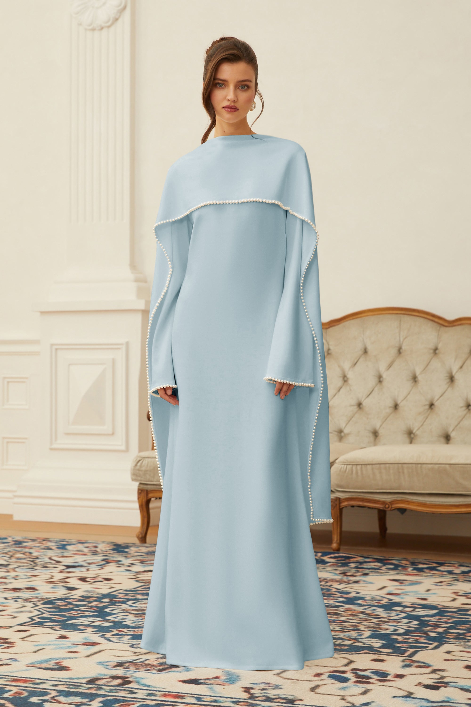 Piroska Blue Pearl Trim Shawl Detail Maxi Dress (Final Sale-US Only)