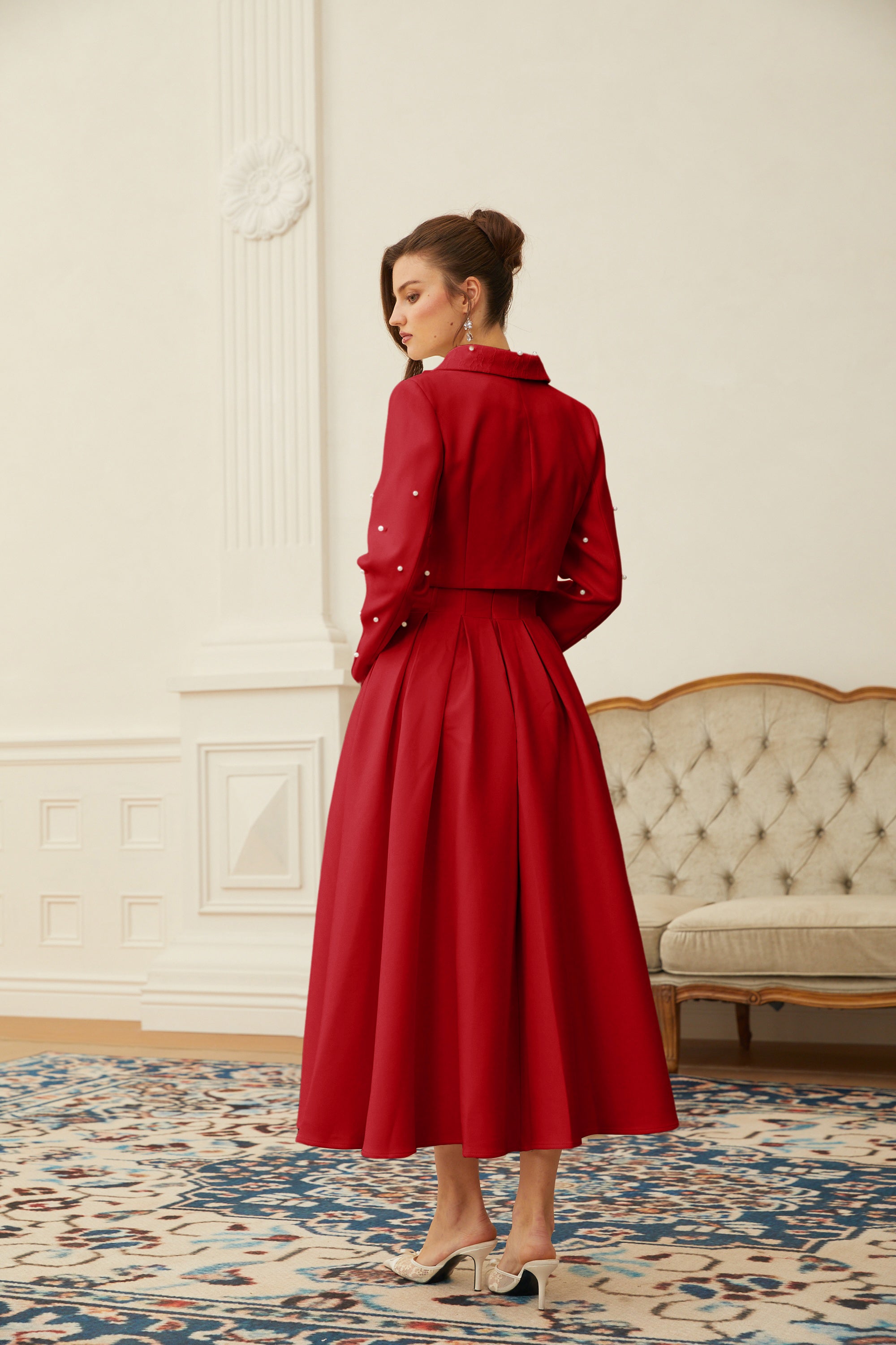 Maja Red Faux Pearl Jacket & Pleated Skirt Set