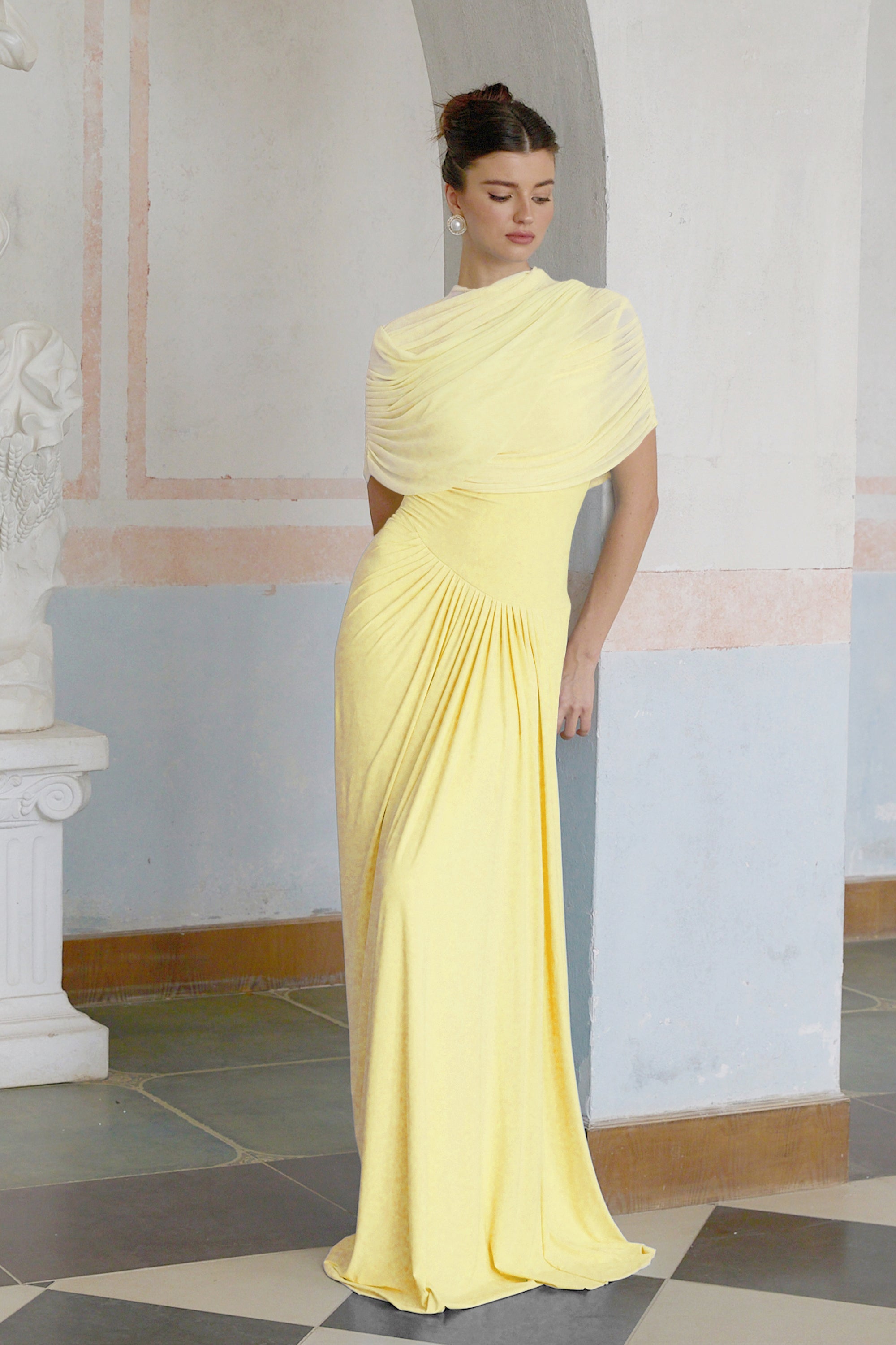 Catherine asymmetrical pleated maxi dress in Yellow