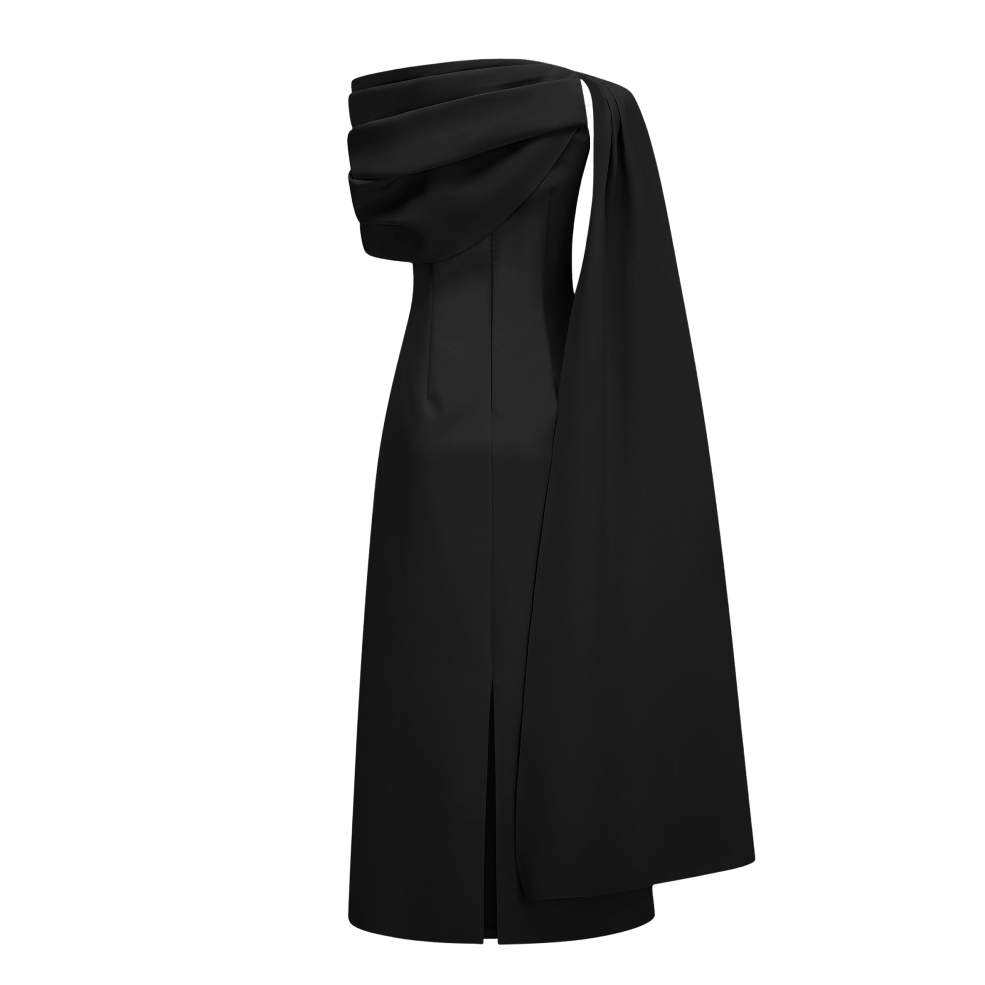 Annabelle Black Cape-Design Ribbon Maxi Dress
