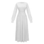Aneka White High Neck Glossy Ruched Maxi Dress