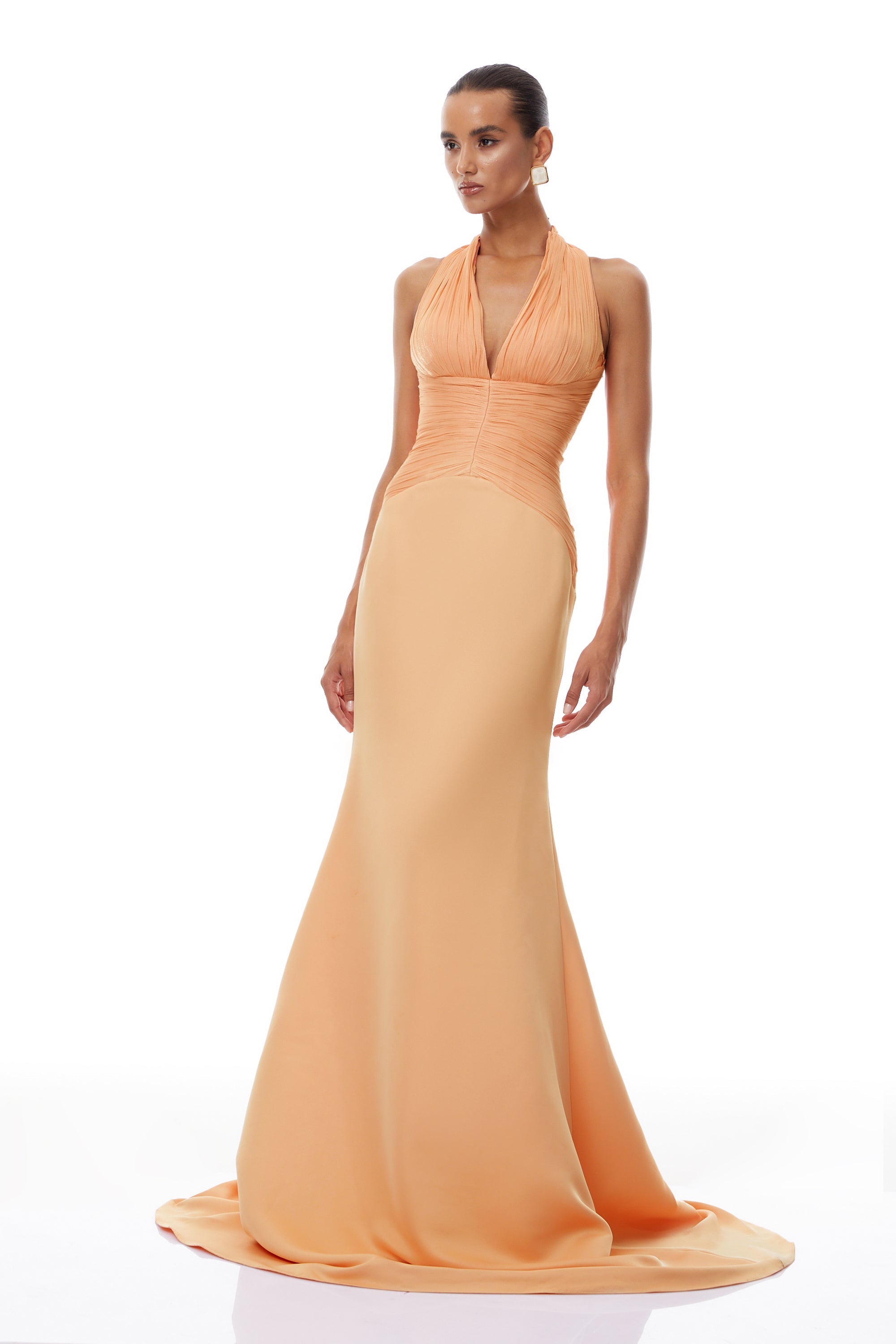 Emmeline Orange Train Design Gathered Maxi Dress