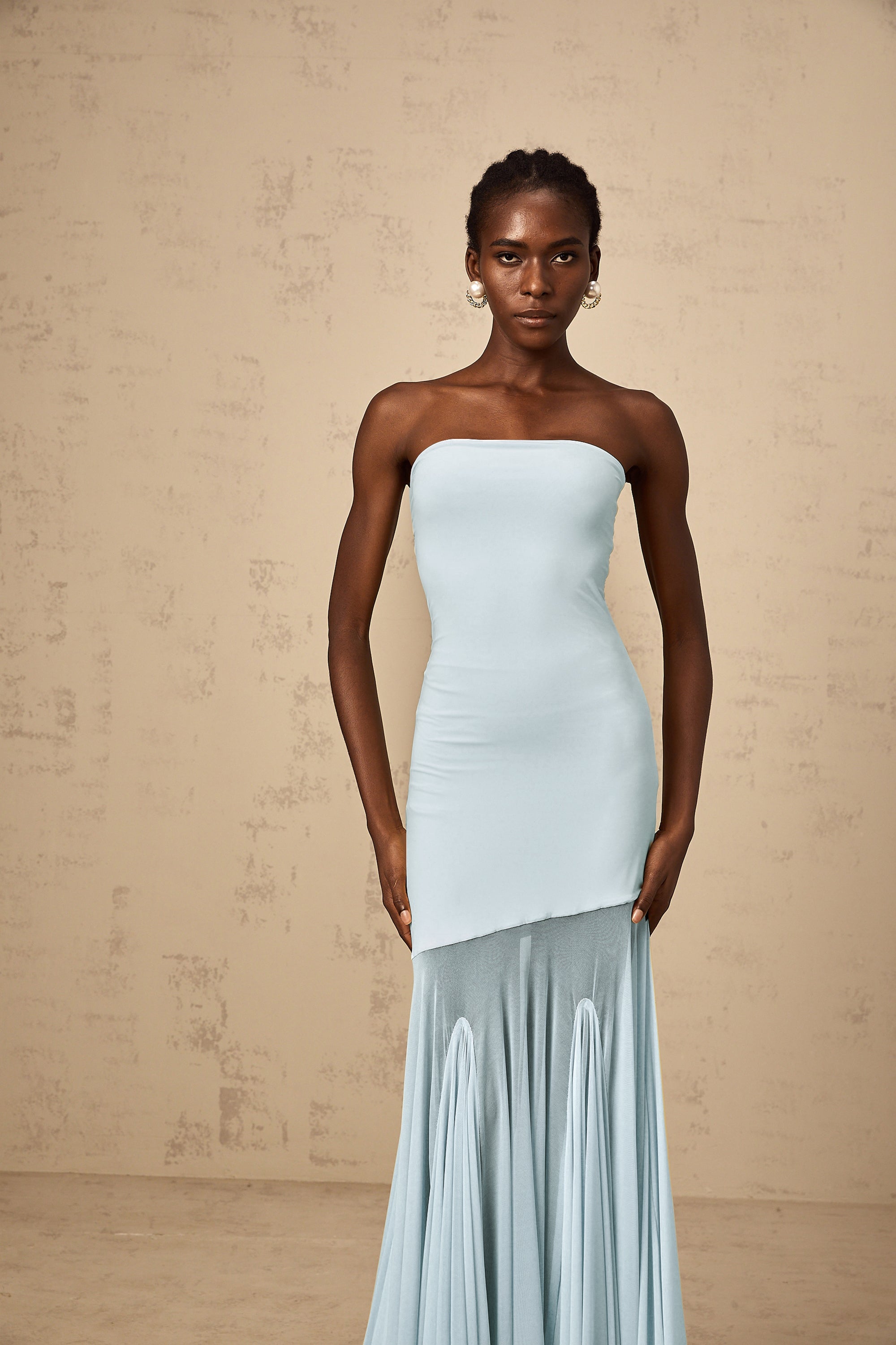 Josiane Blue Off-shoulder Sheer Tulle Maxi Dress