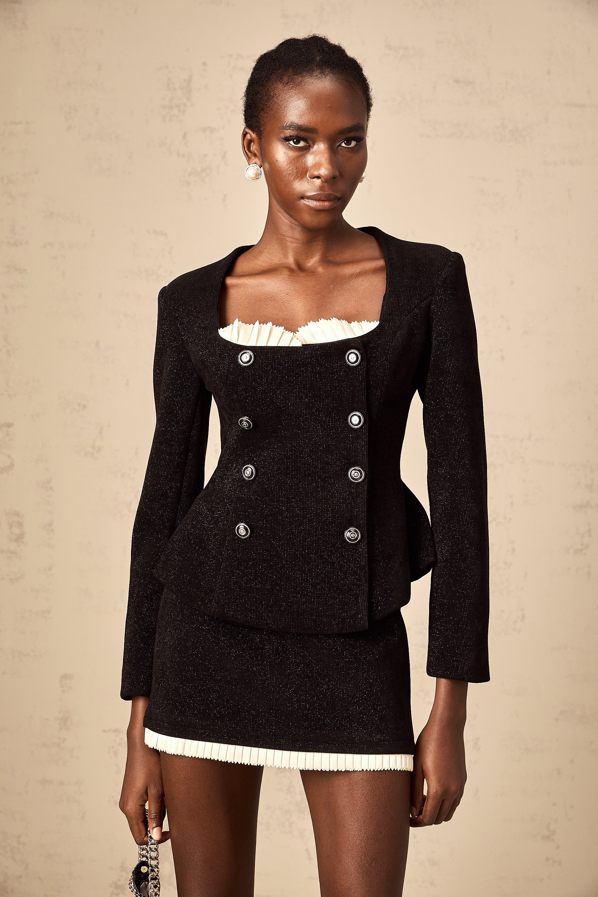 Hilaire black corduroy panelled top & skirt matching set
