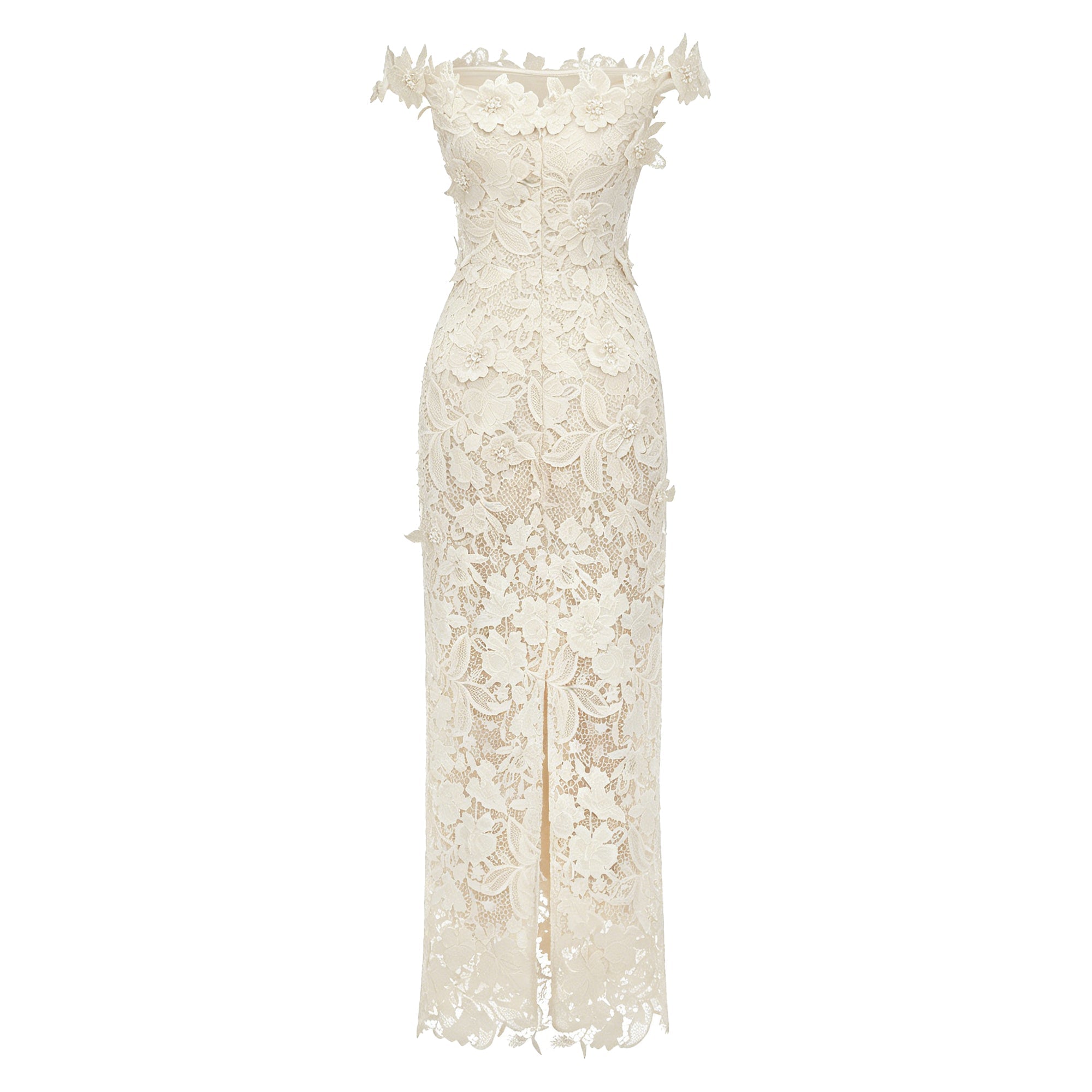 Hecate White Beaded Lace Maxi Dress with 3D Florals