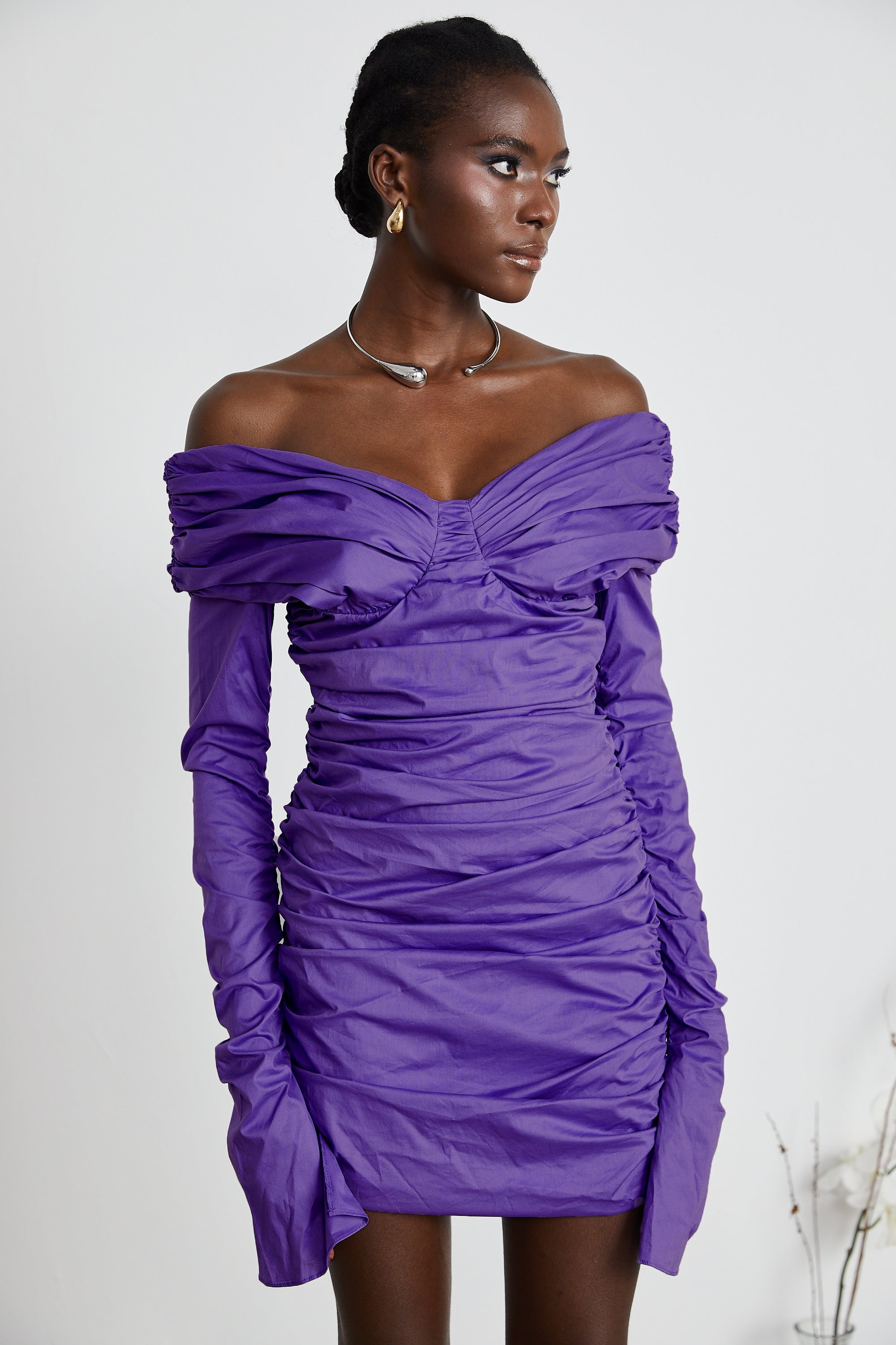 Apolline purple off-shoulder ruched mini dress (Final Sale-US Only)