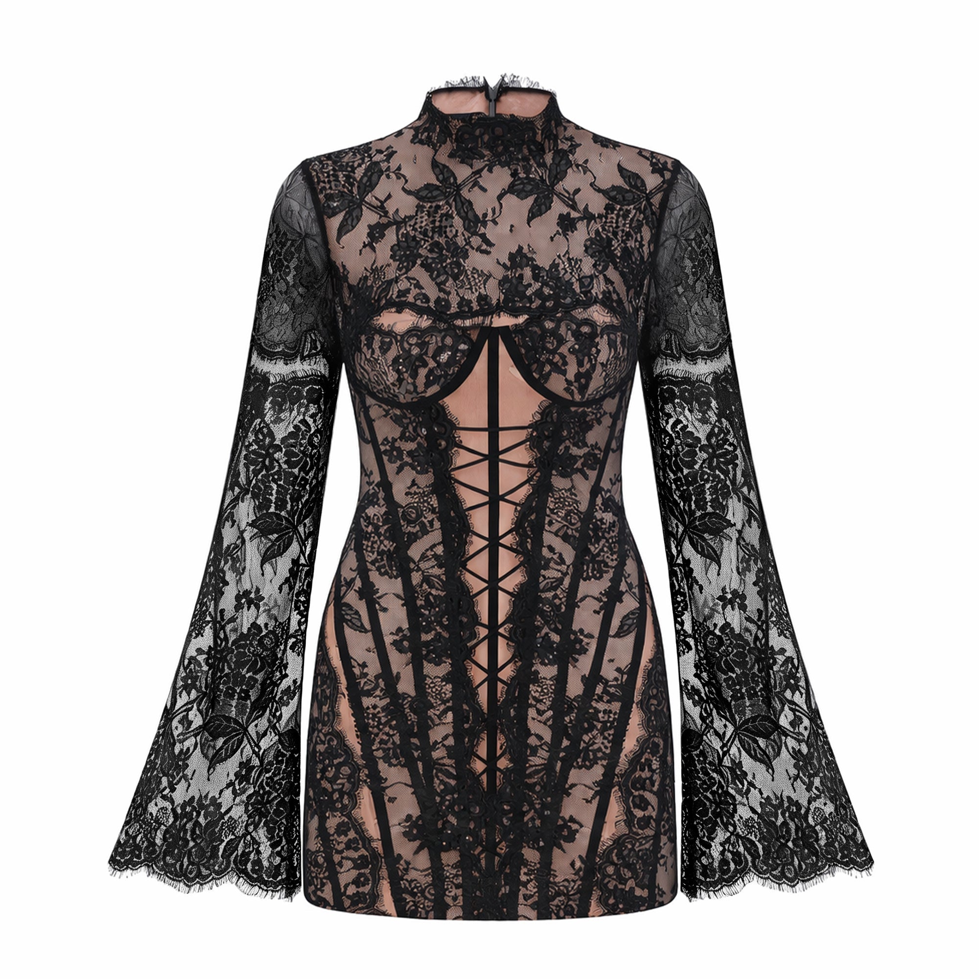Bulelwa Black Semi-Sheer Floral Lace Mini Dress